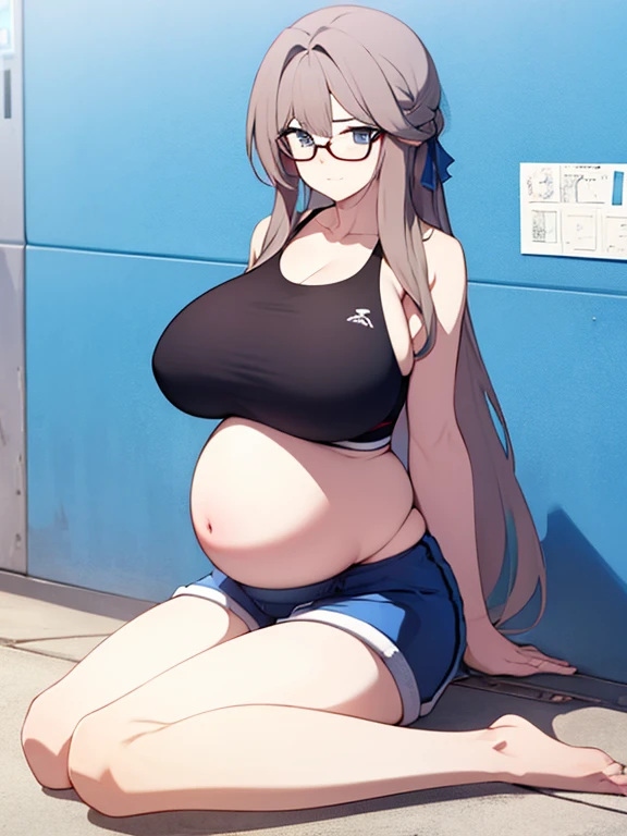 full body, standing, barefoot, thicc, very big breasts, pregnant, long hair, sport bra, very thight shorts, glasses