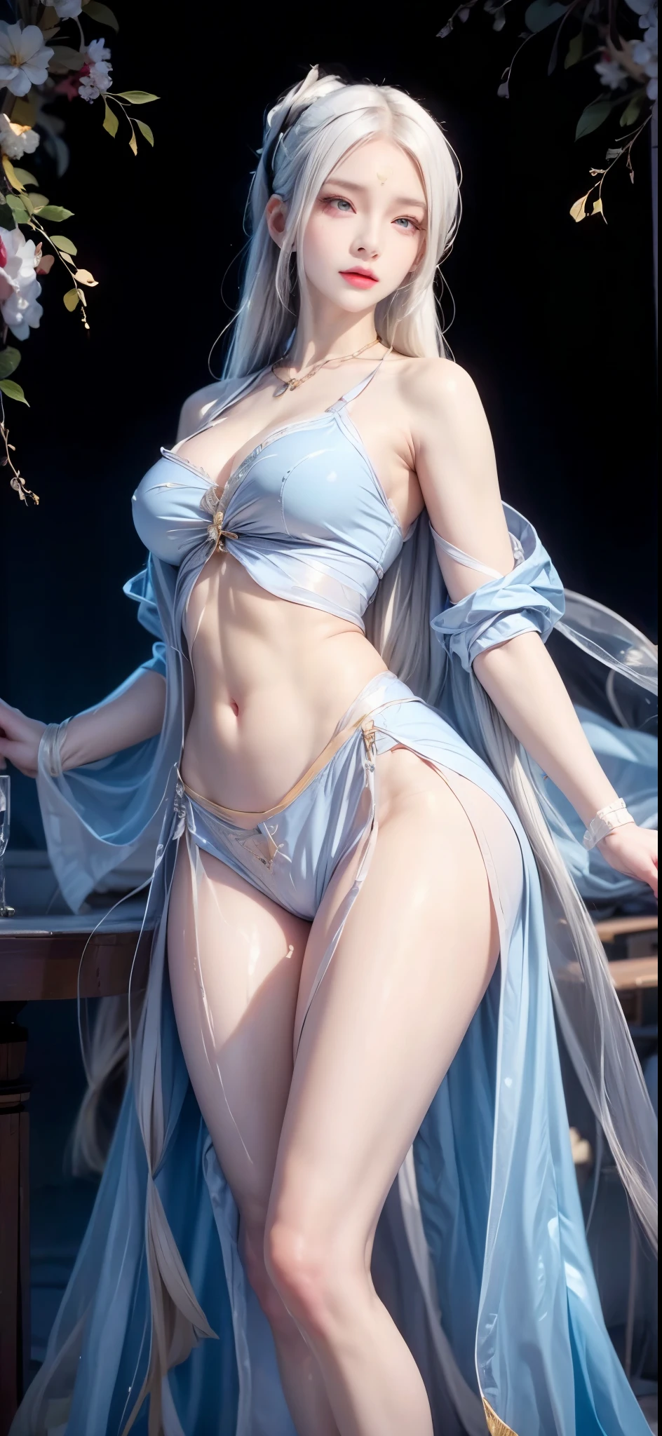 realistic, 1 women, best quality, 12k, HD, long hair, big round breasts, cleavage, ponytail, necklace, jewelry, shorts, short jacket, slim hips, hair tie, yellow eyes, black hair, super detailed, Eye details, hair details, person details, mouth details, face details, breast details, clothes details, hair details, pants details, hand details, whole body