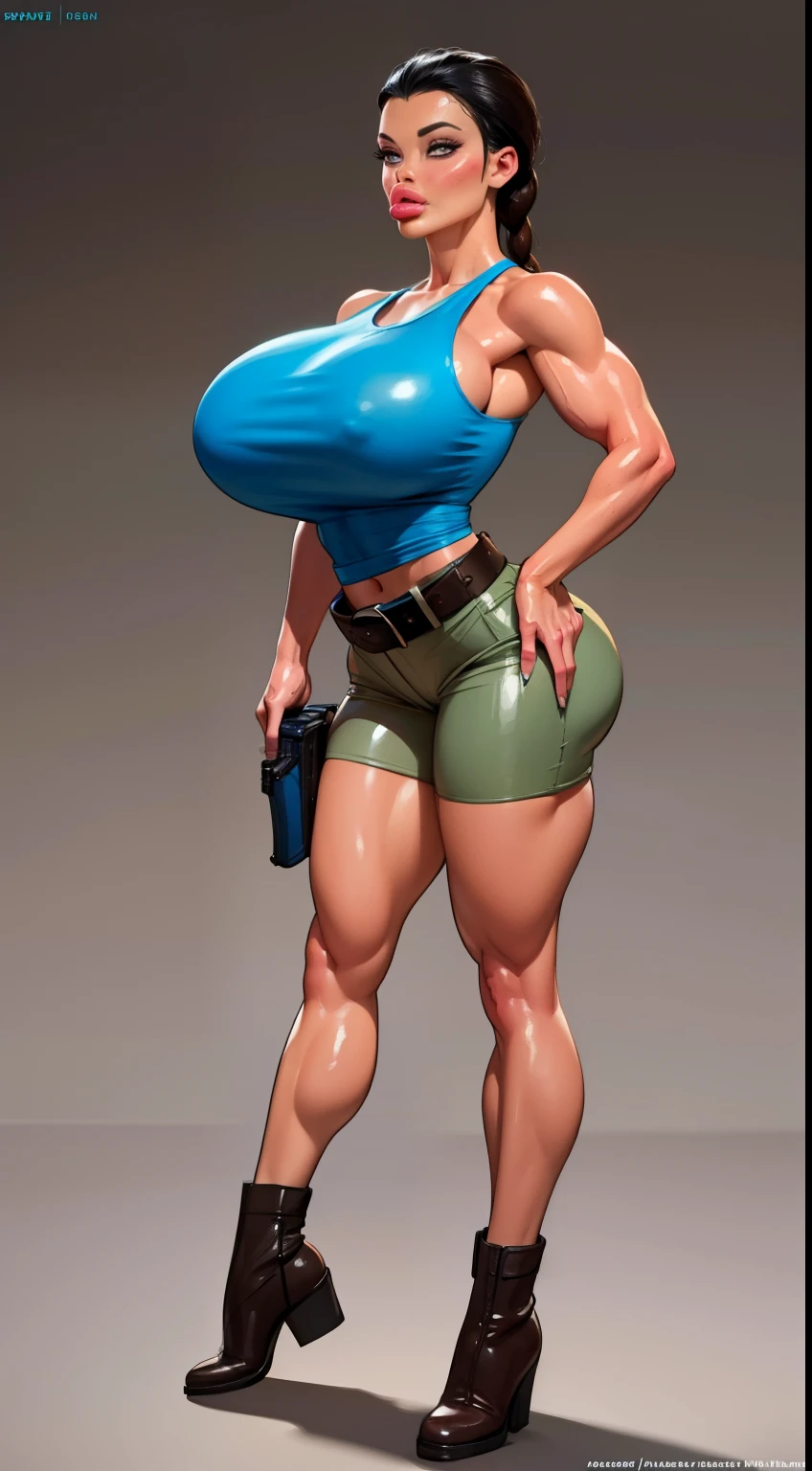 LaraWaifu, ((blue tanktop:1.2)), brown boots, brown shorts, belt,single braid,(puffy lips:1.4), (gigantic breasts:1.2), design sheet, front view, masterpiece, (slendered abs:1.2) ,detailed , shiny skin, beautiful lighting from the side, dark lighting, muscular legs, gun holster,