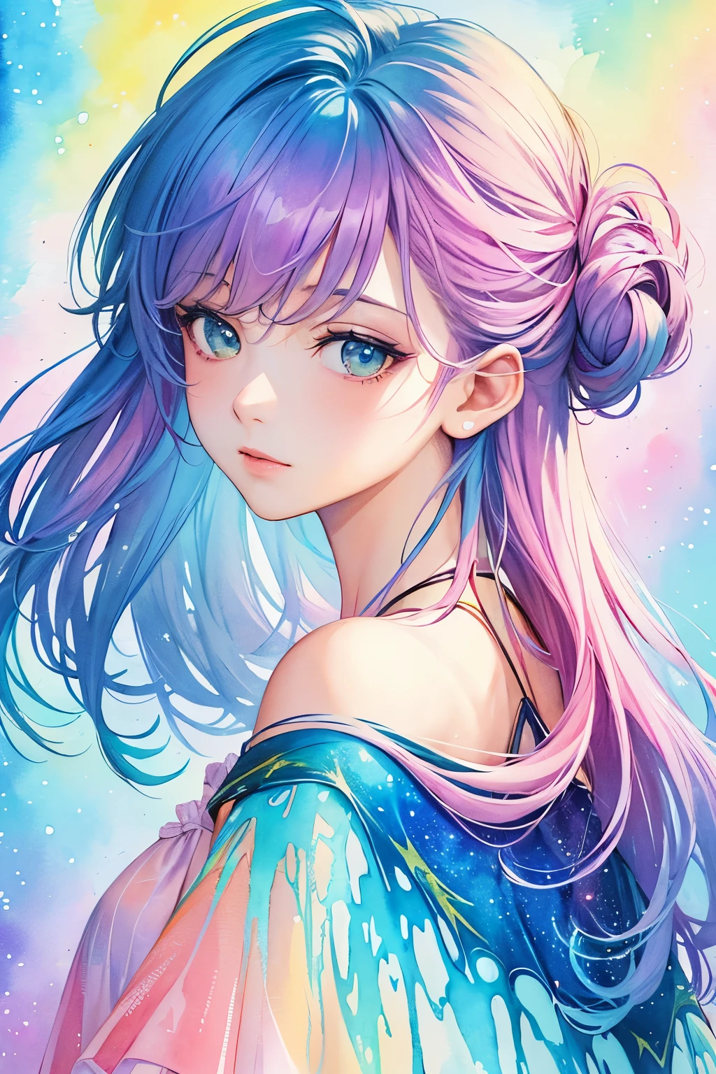 (masterpiece, top quality, best quality,watercolor (medium),official art, beautiful and aesthetic:1.2),(1girl:1.3), (fractal art:1.3),upper body, from side, looking at viewer,patterns,(rainbow color Hair,colorful hair,half blue and half pink hair:1.2),water,liquid, cloud,colorful, starry,stars,