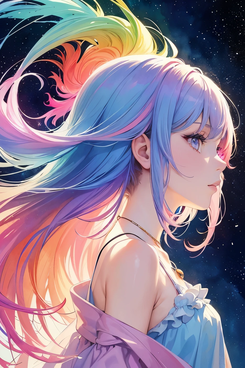 (masterpiece, top quality, best quality,watercolor (medium),official art, beautiful and aesthetic:1.2),(1girl:1.3), (fractal art:1.3),upper body, from side, looking at viewer,patterns,(rainbow color Hair,colorful hair,half blue and half pink hair:1.2),water,liquid, cloud,colorful, starry,stars,