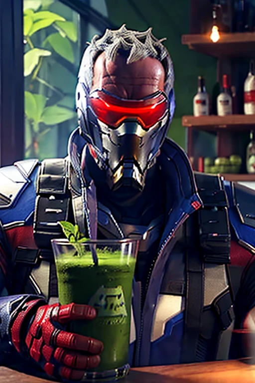 highest quality、masterpiece、Soldier 76 drinks matcha