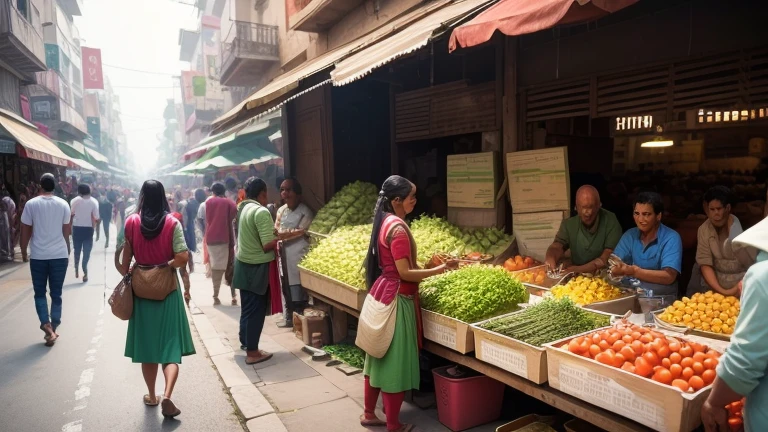hundreds of Indians buying vegetables in a long & large street vegetable martket