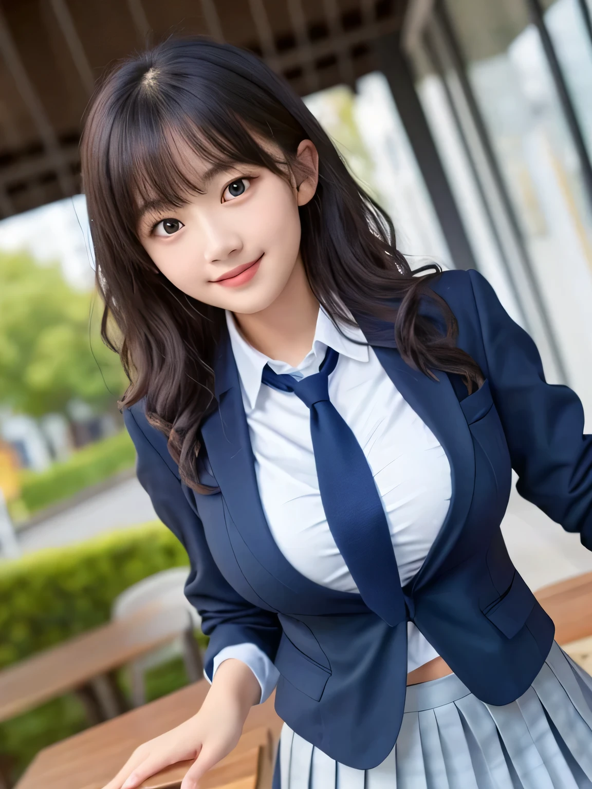 8K, highest quality, real image, intricate details, Super detailed, ultra high resolution, depth field,(realistic,realistic:1.2),table top , frontal shot , From the middle , 1 girl, eye_Chan, very beautiful 17 year old girl, innocent big eyes,、beautiful breasts:1.5、非常に詳細なeye:1.2)、(beautiful breasts:1.1)、wavy hair、curly hair、black hair、bangs, perfect skin, Fair skin, huge breasts, tight waist, light blush, alone, light smile, ((School_uniform),(dark blue blazer), (white shirt、Wearing a tie), (gray pleated skirt), (sculpture installation :1.1)
