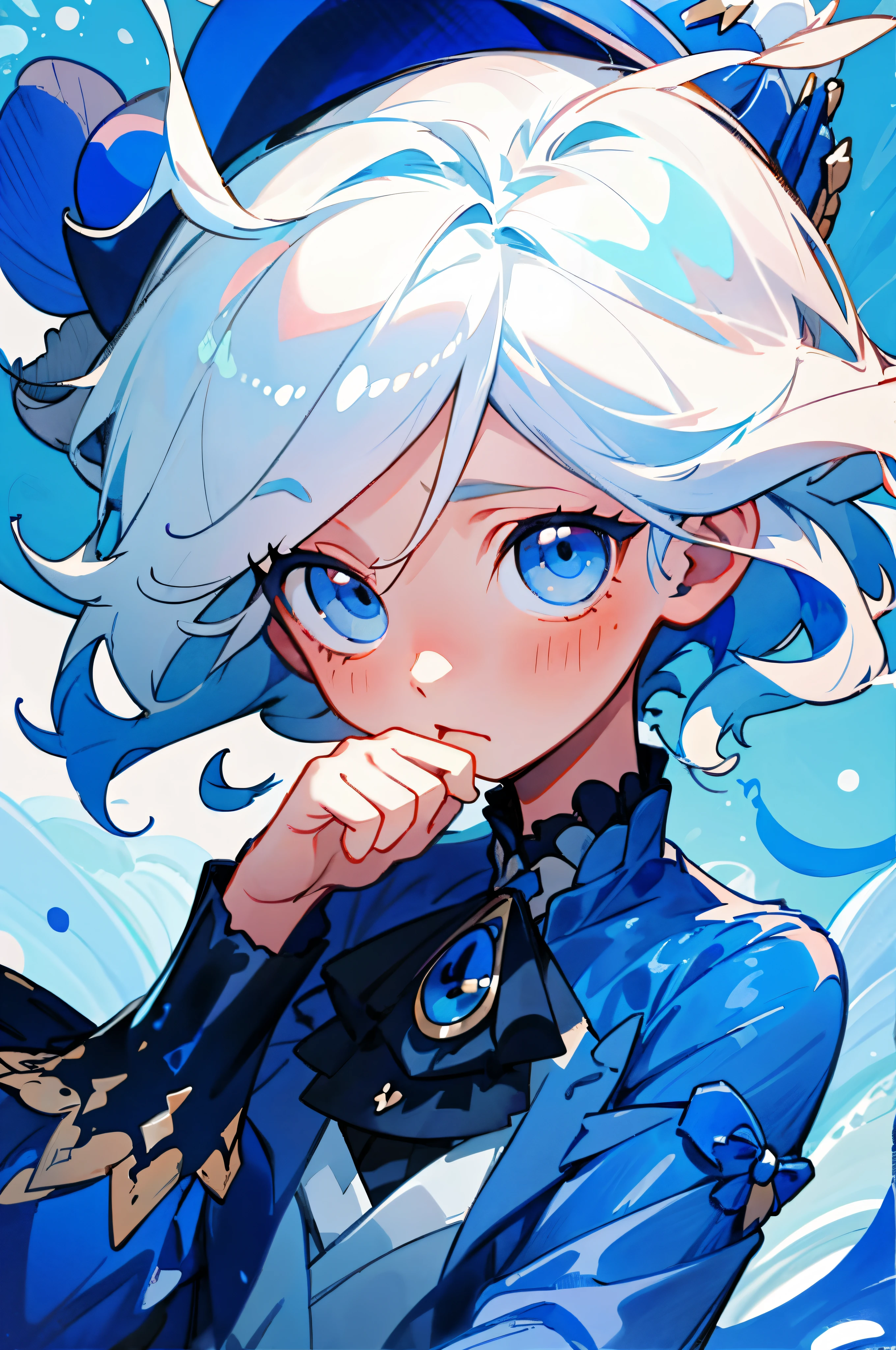 (melhor qualidade,obra-prima,aquarela,Respingo de tinta),1 retrato bonito e delicado de uma ,Playful and fluffy white hair, olhos azuis, roupas azuis, blue hat (((corpo todo)))