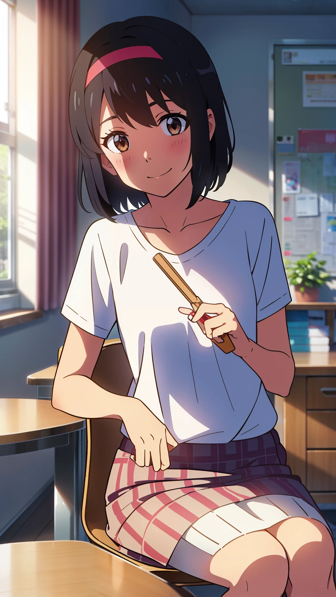 {best quality}、Izakaya、He is lying face down on the desk and looking at me.、Short black hair、Female college student、Closed eyes、Drunk and flushed face、openmouth、smile、polo shirt、short-skirt、Sitting、cowboy shot