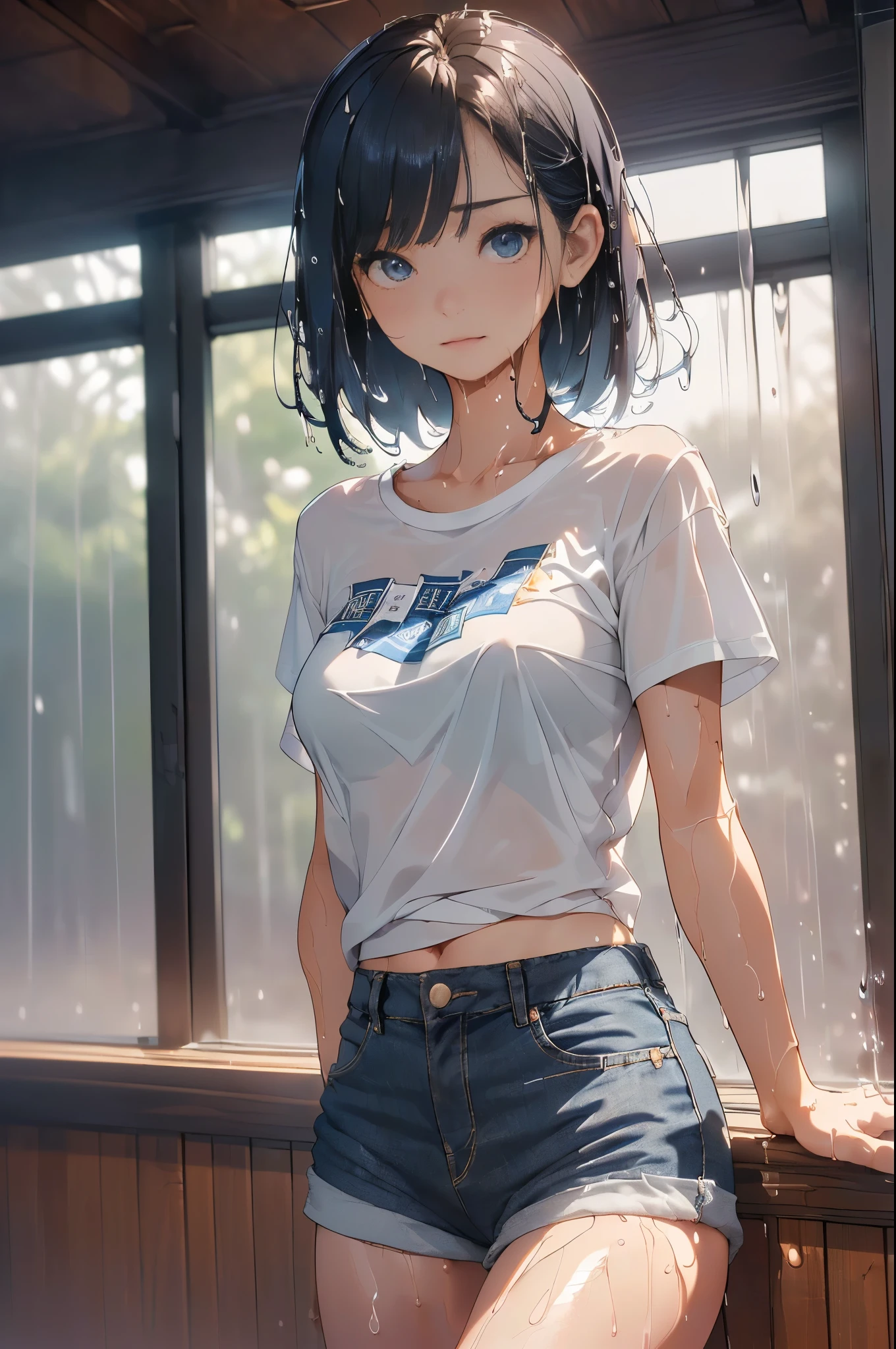 (masterpiece,best quality,ultra-detailed,intricate,detailed face,detailed eyes,beautiful eyes),(((rain:1.5,屋外:1.3、屋外:1.3,大都市の裏路地)))、(((1woman,wet:1.5,wet:1.5,wet:1.5,濡れた衣服:1.5))),(((傘は無い:1.5)))、cowboy shot,20歳の美女、dark blue hair,medium bob hair:1.3,tearful,sad:1.3,(cotton micro shorts, 白色のTシャツ、濡れた衣服:1.5),(slender body,medium breasts,gleaming skin),sitting,from front,(depth of field:1.2),nsfw,