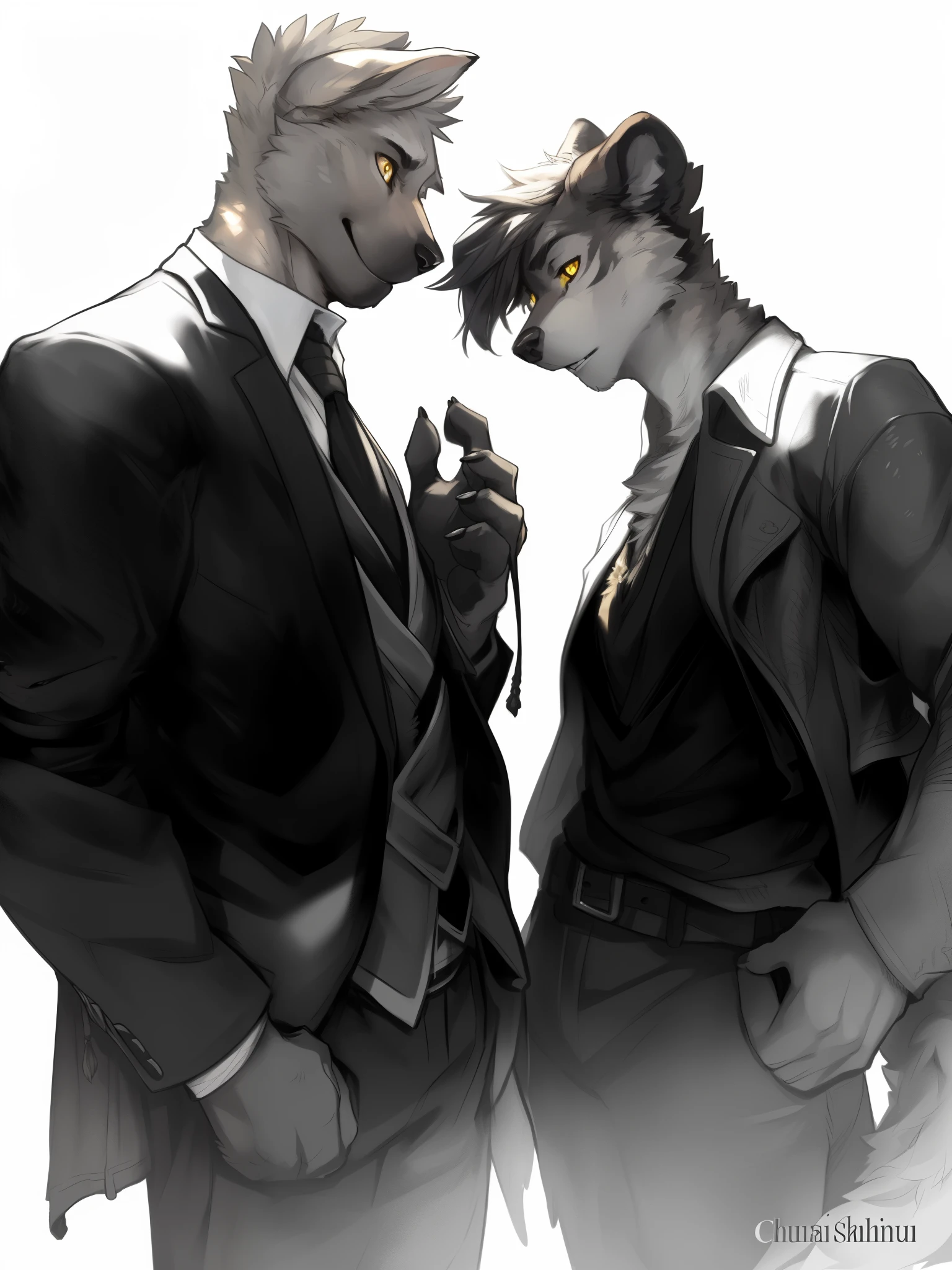 (author：hioshiru、kenket and dimwitdog, Michael & Inessa Garmash, ruan jia, Pinodeheni, chunie), alone, Humanity, male, (Wolf), ((intricate deTail fluffy fur texture)), I, Karasumi, (yellow eyes), tufts of chest hair, ((clothed)), digital level, (Tail), Handsome, Normal, alone, (muscle), (shadow), (deTailed eyes):1.2, ((bust))