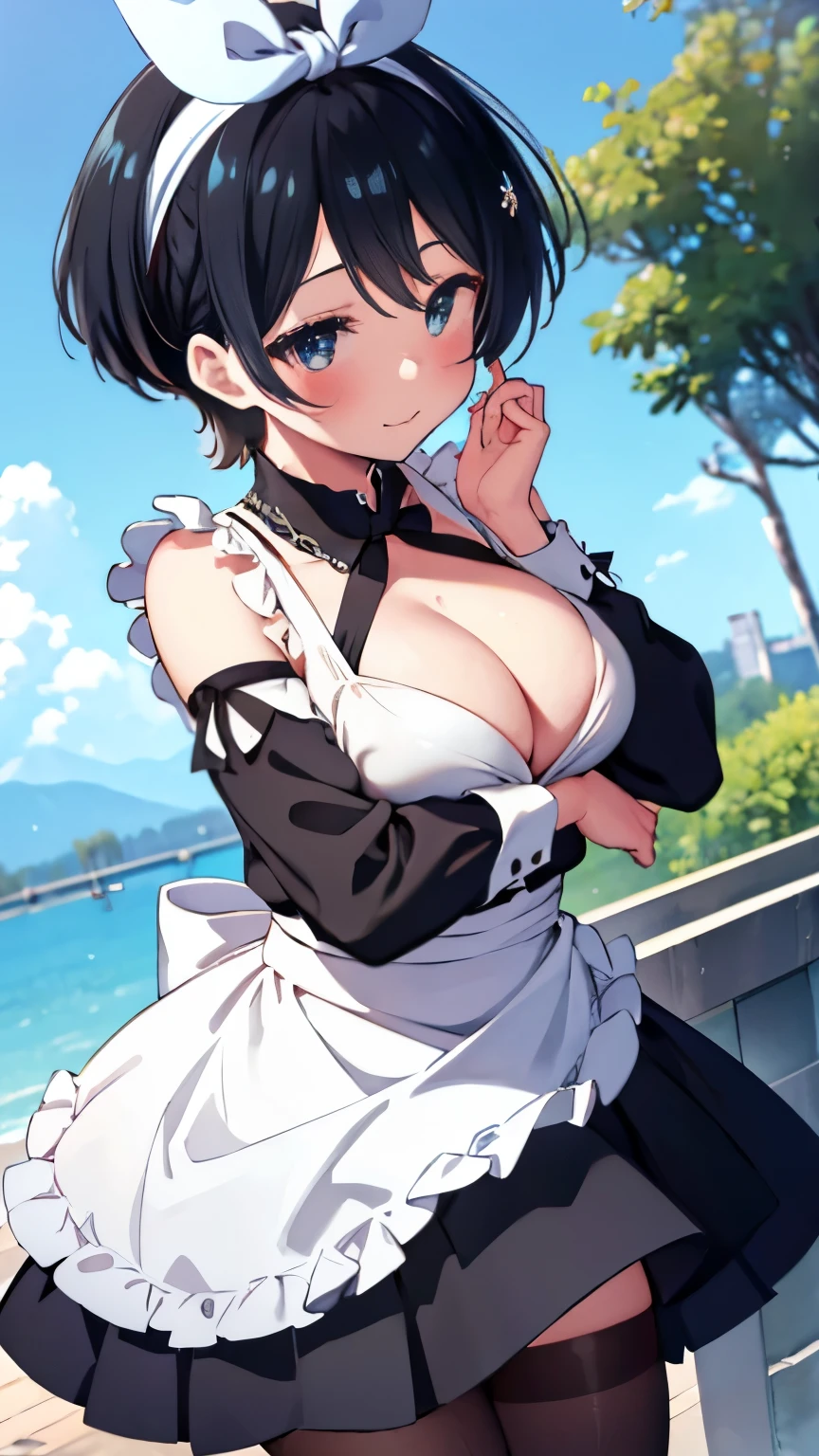 Main piece、high quality、High resolution、1 girl,single, Ruka Sarashina、jewelry、skirt、Maid uniform with bare chest、Japan maid café、black hairの女性、short hair、black hair、black pantyhose, blue eyes, long sleeve, Blue Hair Band, bangs, big breasts, cleavage, Medium waist, medium hips, wide thighs, Cowboy photos, smile, Charm, embarrassing, blush、large crowd of people, looking at the viewer,from below、high angle,とてもbig breasts、cleavage、No bra、No panties、No panties、非常に短いskirt、nipple、nippleを出す、Rubbing your own chest with both hands、Pose that emphasizes the chest、breast enhancement、1 girlと男の子1名, hetero, kiss, close your eyes, saliva, hug, blush, saliva trai、I feel it