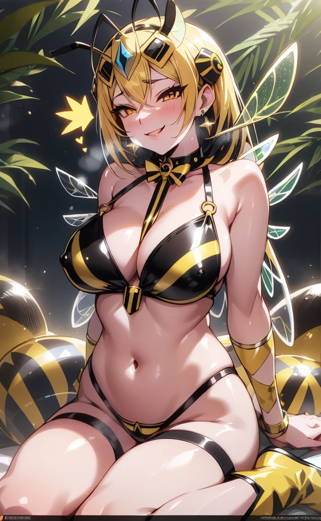 nsfw, pixiv, evil smile, sadistic, erotic lips, seductive eyes, drooping eyes, provocative expression, smirks, squint, enraptured, fascinated, scornful laughter, aroused, lovely, naughty face, half closed eyes, fearless smile, crazy smile,toned female, glamorous perfect female proportion, wide hips, extremely shiny, reflecting light, awesome metallic surface texture, cute, akiba, anime face, moe, yellow and black striped hair, wasp ornament, Yellow and black striped boots, wasp transparent wings, bee Transparent wings, wasp antennae, wasp printed, Honeycomb printed, poison needle, yellow and black striped fur, wasp eye helmet, spike choker, earrings, best quality, amazing quality, very aesthetic,