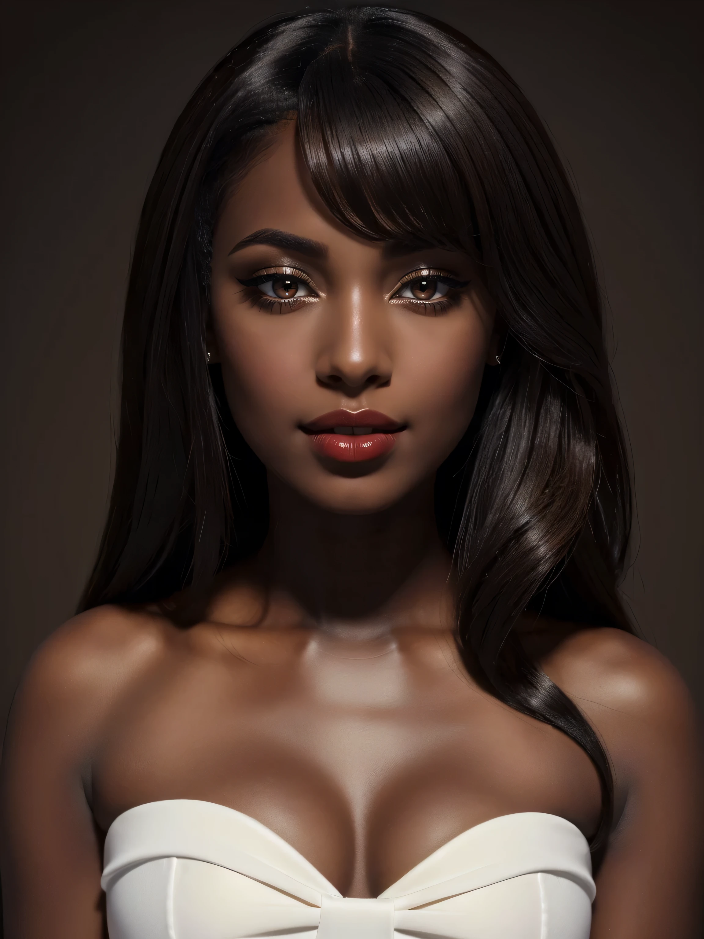 (Beautiful+attractive+cute) Somali_woman, black_woman, 20_years_woman, nerd:0.8, young_facial_feautures, long_hair straight_hair black_hair:1.5, almond_eyes:1 large_eyes:0.5 brown_eyes:1.5, (brown_skin:1.8 black_skin:1.8 dark_skin:1.8), straight_nose delicate_nose, _gorgeous_woman, feminine_cheeks big_cheeks:0.7, attractive_red_lips:0.9, red_lipstick:1, _woman (1Woman:1.5, (Masterpiece, 8K, best quality, highres:1.5), upper_body:1.5, looking_at_viewer:1.5, body_looking_at_viewer:1.5, white_photoshoot:1, white_room:1, white_backdrop:1.5, standing, neutral_body_posture:1.5, neutral_facial_expression:1.5, wearing white_strapless_mini_dress)