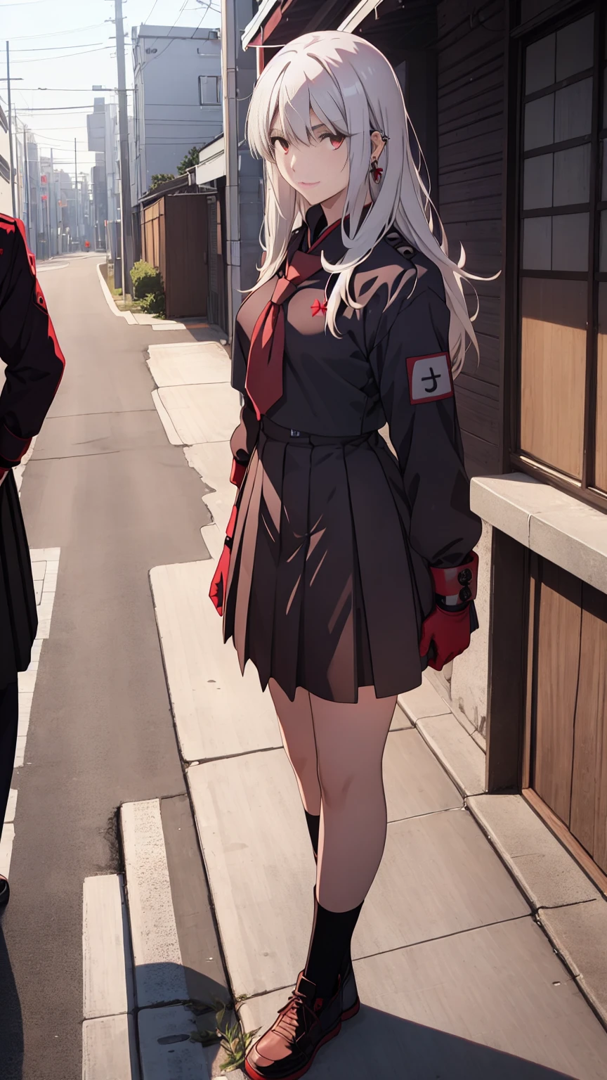 sukeban illyasviel_von_einzbern, mature_female, silver hair, holding yoyo, combat pose, full body, flowing hair, hair between the eyes, asymmetrical hair, red eyes, delicate facial features, sukeban deka clothe, looking_at_viewer, outdoors, background tokyo, ((solo girl:1,5))+++++,woman in a 80's sukeban seifuku standing on a set of strees, black , 80's japanese sukeban photo, sukeban seifuku,  80's japan, sukeban, long black skirt, red converse, full body, light skin tone female, full body, tape, arm_support, gloves, red_gloves, bridal gauntlets, blackred_footwear, fighter outfit, full body, hourglass, mature face, cheeky smile, cheeky face, wrinkles,( silver long hair, earrings, ear piercings), realistic, (fighting art, Martial arts, standing, fighting_stance, fight, fighting), extra colors, 2D, megapixel, perfectionism, accent lighting, full HD , 4K, masterpiece, empty red eyes