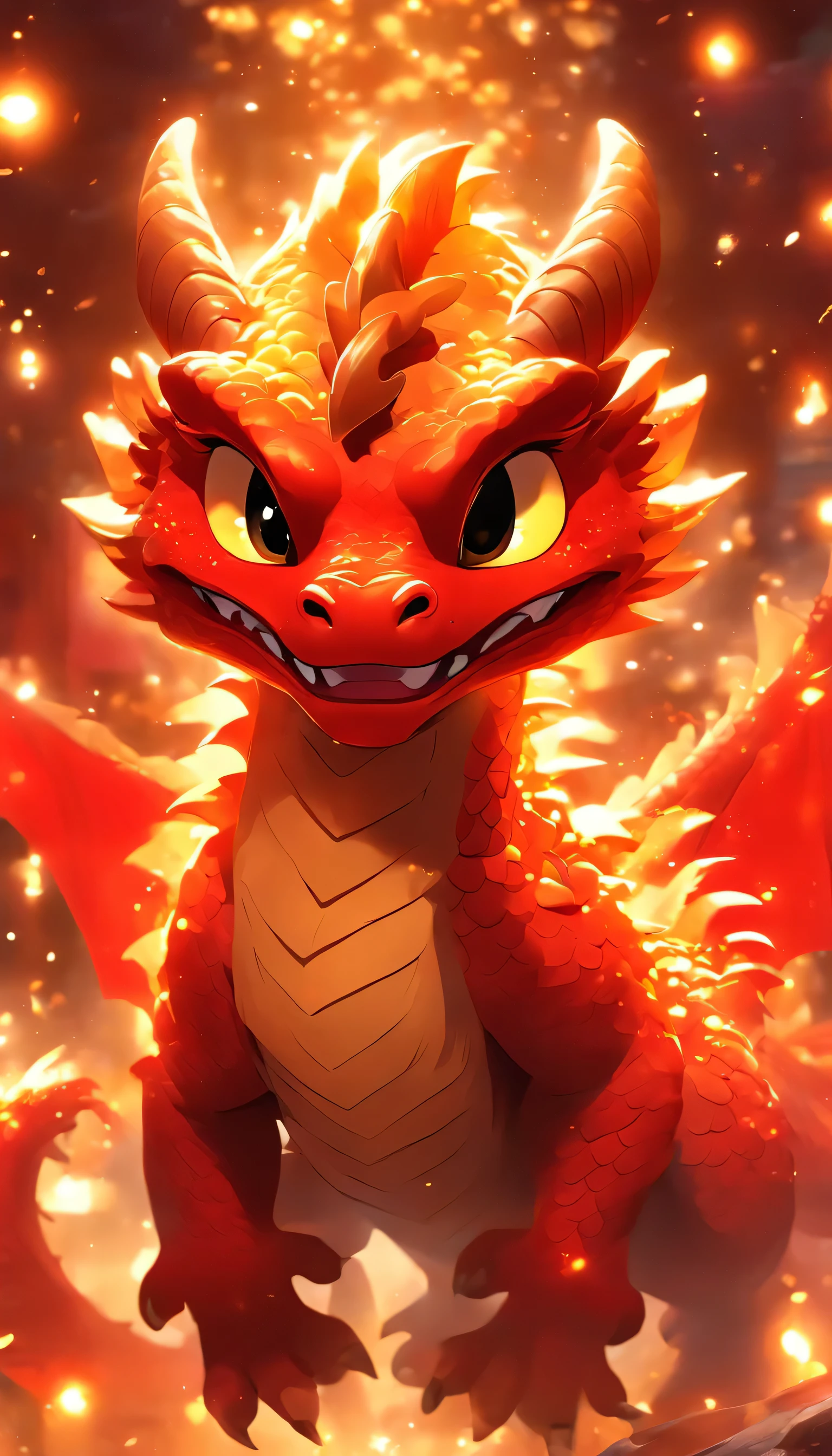 Chinese cartoon dragon baby, Golden red dragon lunar new year, nobody,Red, Milky Way,fireworks,Pixar,Japanese anime,Cartoonish,