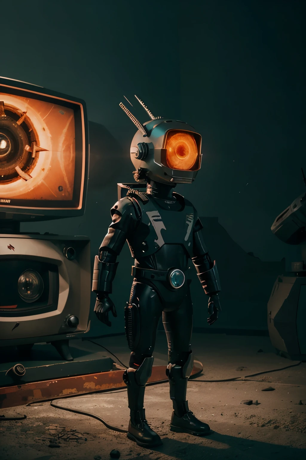 A Modern flat toon Crazy whit a Big ONE a Only Eye Robot and helmet Style, tongs in hands, Tv head, pinhead, camouflage Red Rusty, Ambient in a ocean super detailed, center, beautiful, soft lighting, focused on the character, 4K resolution, photorealistic rendering.