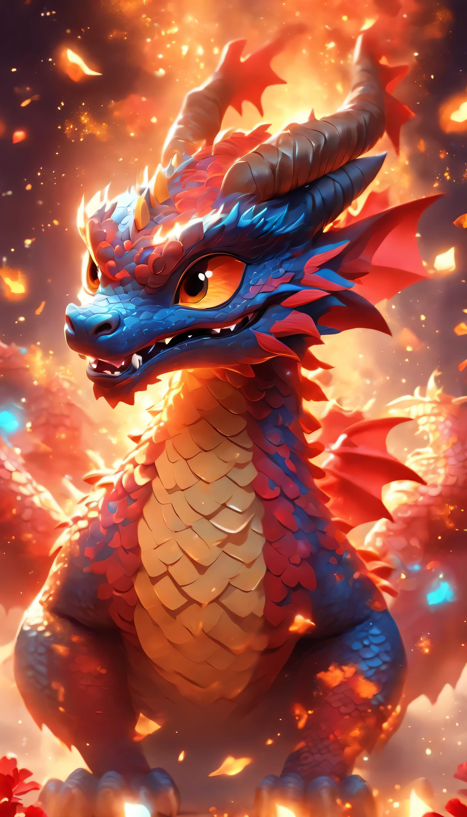 Chinese cartoon dragon , gold red blue dragon, lunar New Year, nobody,Red, Milky Way,fireworks,Pixar,Japanese anime,Cartoonish,