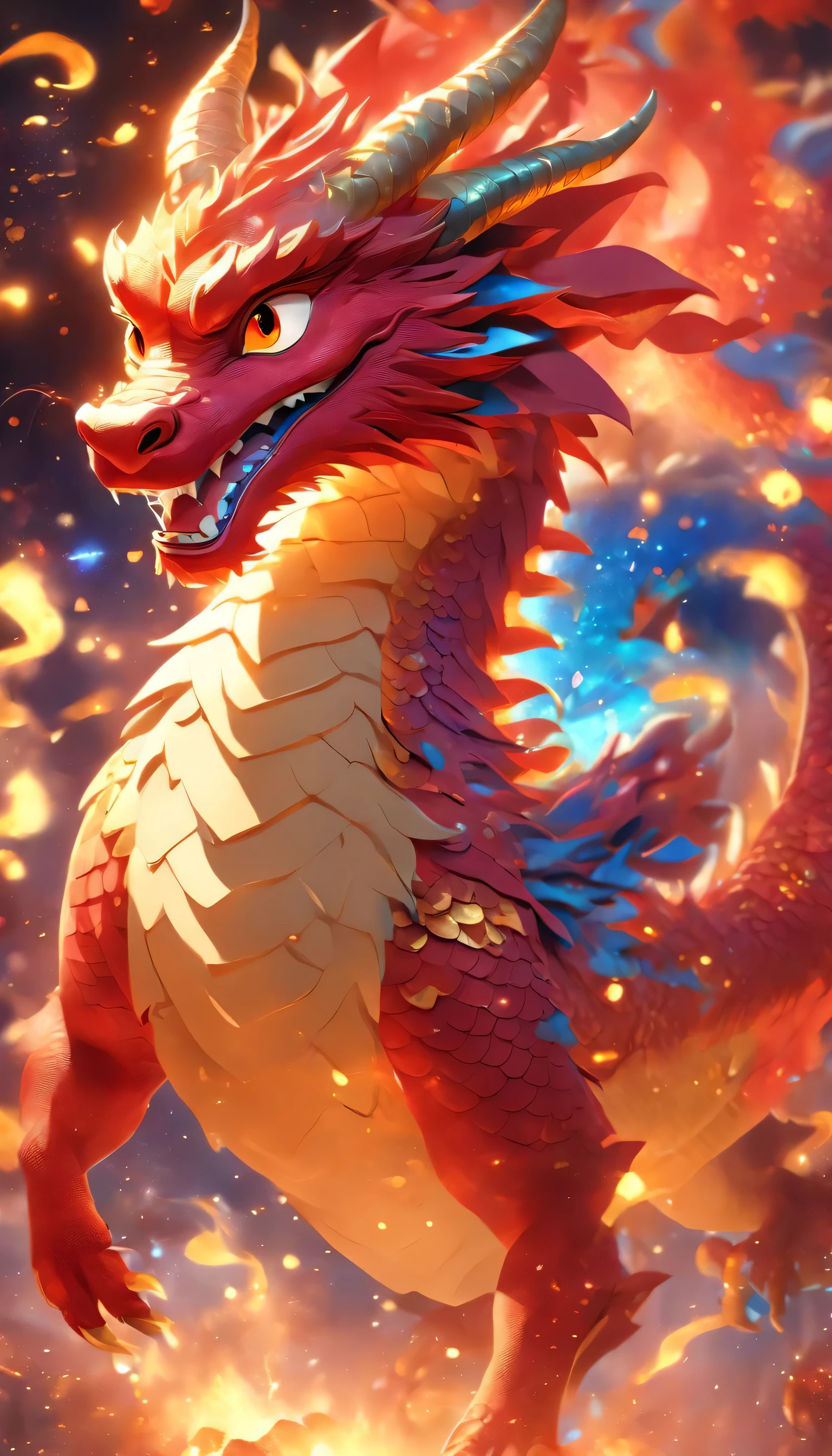 Chinese cartoon dragon baby, gold red blue dragon, lunar New Year, nobody,Red, Milky Way,fireworks,Pixar,Japanese anime,Cartoonish,