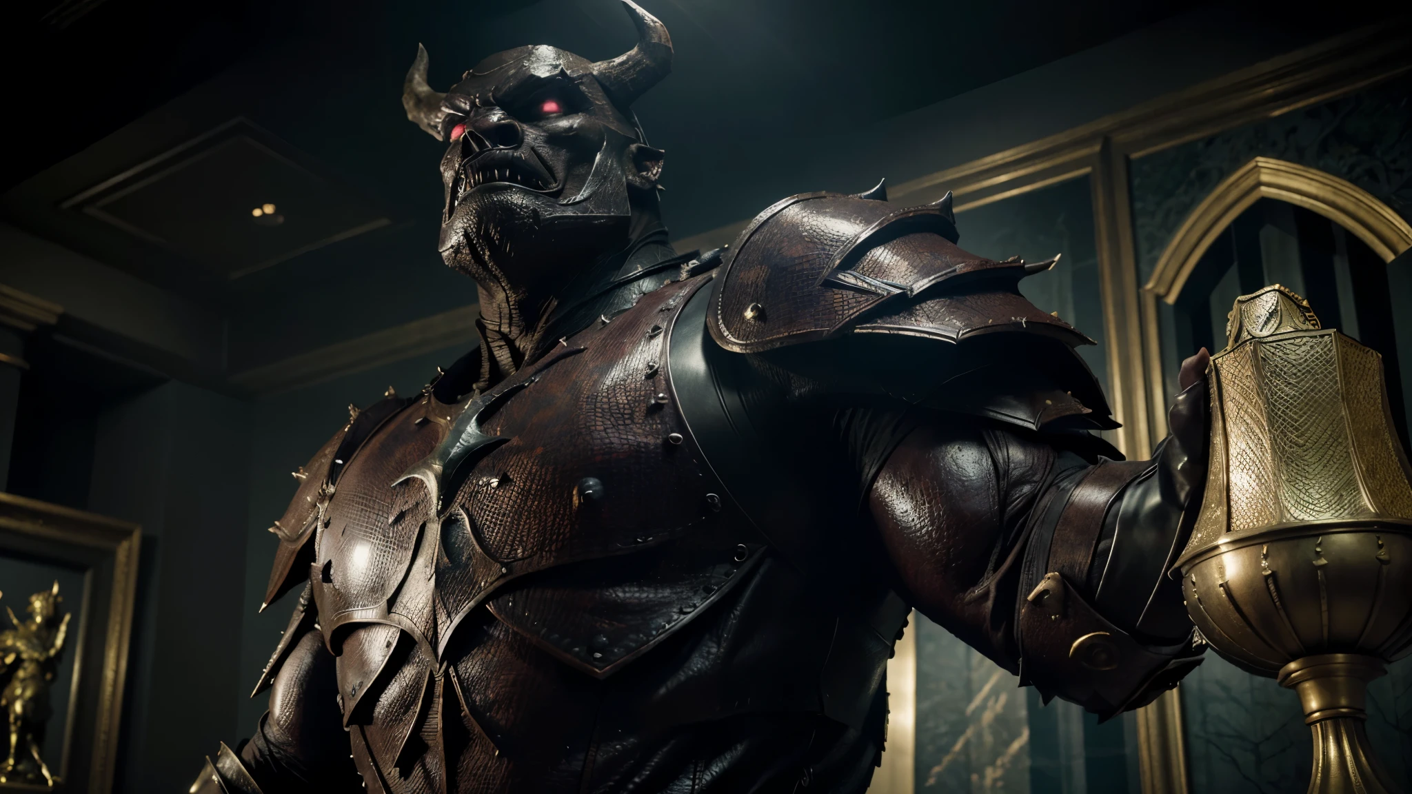 (high quality,4k,8k,highres,masterpiece:1.2),ultra-detailed,(realistic,photorealistic,photo-realistic:1.37),portrait,anime,boss,fierce,standing creature with detailed muscles and scales,equipped with a menacing double-handed axe,glowing eyes,tail,armor suit with intricate details,ominous and intimidating expression,sharp teeth,ferocious expression,background in a boss room with dim lighting,trophies and collectibles of the monster displayed,aura of power and dominance,epic,overwhelming presence,dark and atmospheric color palette,elaborate character design,attention to texture and shading,dynamic and powerful pose,imposing figure with a dominant posture,attention to the monster's physique and anatomy,sinister atmosphere,surrealistic,contrasting color scheme,dynamic lighting emphasizing the monster's features,immersive and immersive visual experience,detailed strategic sculpture,exquisite craftsmanship,imposing stature with a commanding presence,attention to minute details like the boss's eyes, muscles, scales, and armor,impressive and visually striking.