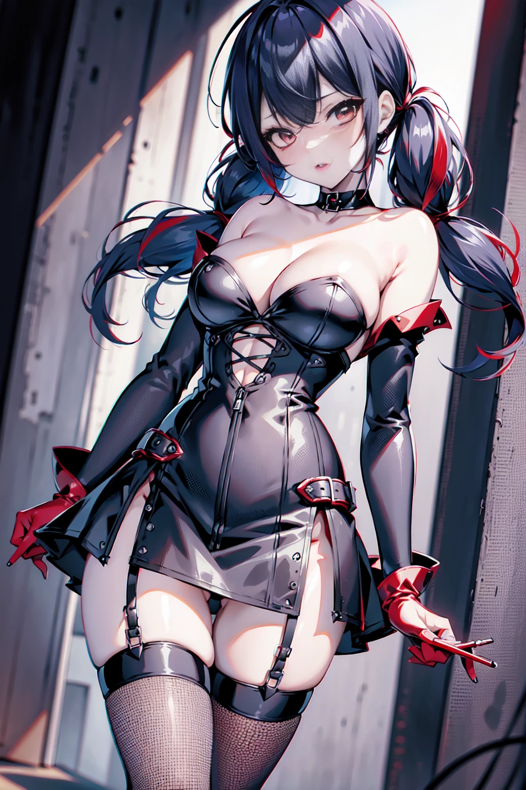 fishnets, ((solo, solo focus, solo girl,1girl))++,(evil dominatrix Marinette Dupain-Cheng Ladybug)+++,low_twintails, red_hair, two tone hair, multicolored_hair, black_hair, solo, short_hair, high_heels, garter_straps, thighhighs, piercing, bare_shoulders, collar, nipple_piercing, red_eyes, thioots, corset, boots, lips, small_breasts, standing, looking_at_viewer, no_panties, gloves, makeup, garter_belt, full_body, lipstick, black_legwear, thighs, thick_thighs, parted_lips, coat, shiny, cleavage, dress, strapless, black_footwear, evil_red_eye, background, large_breasts, areolae, shiny_skin, choker, grey_background, red_lipstick, black_gloves, blush, pubic_hair, detached_sleeves, no_bra, cumdrip, personification, high_heel_boots, black_lipstick, tattoo, elboloves, eyeshadow, bdsm, smoking, bangs, watermark, off_shoulder, strapless_dress, paris background