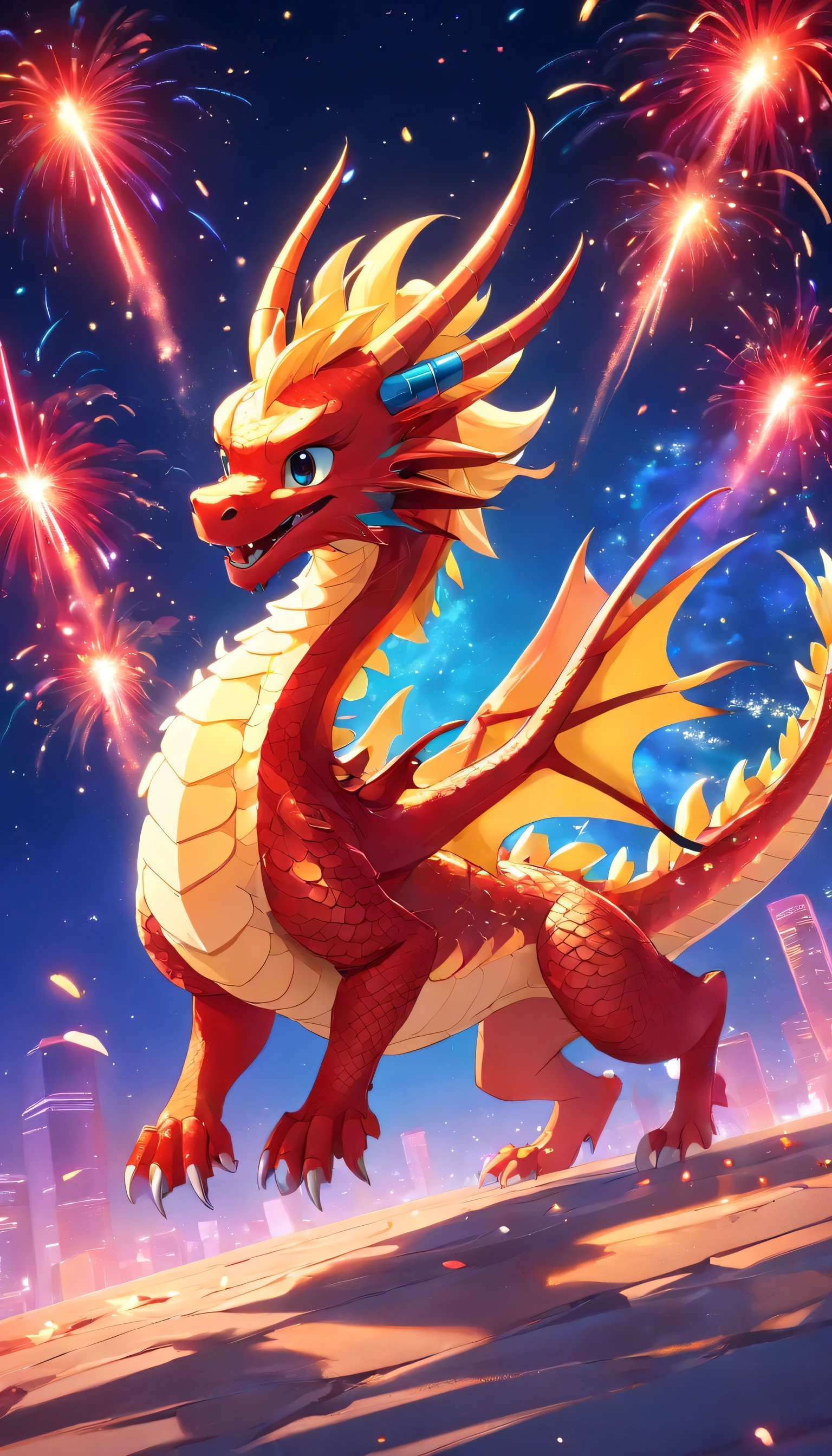 Chinese cartoon dragon baby, gold red blue dragon, scales,lunar New Year, nobody,depth of field,Red, Milky Way,fireworks,Pixar,Japanese anime,Cartoonish,3d rendering
