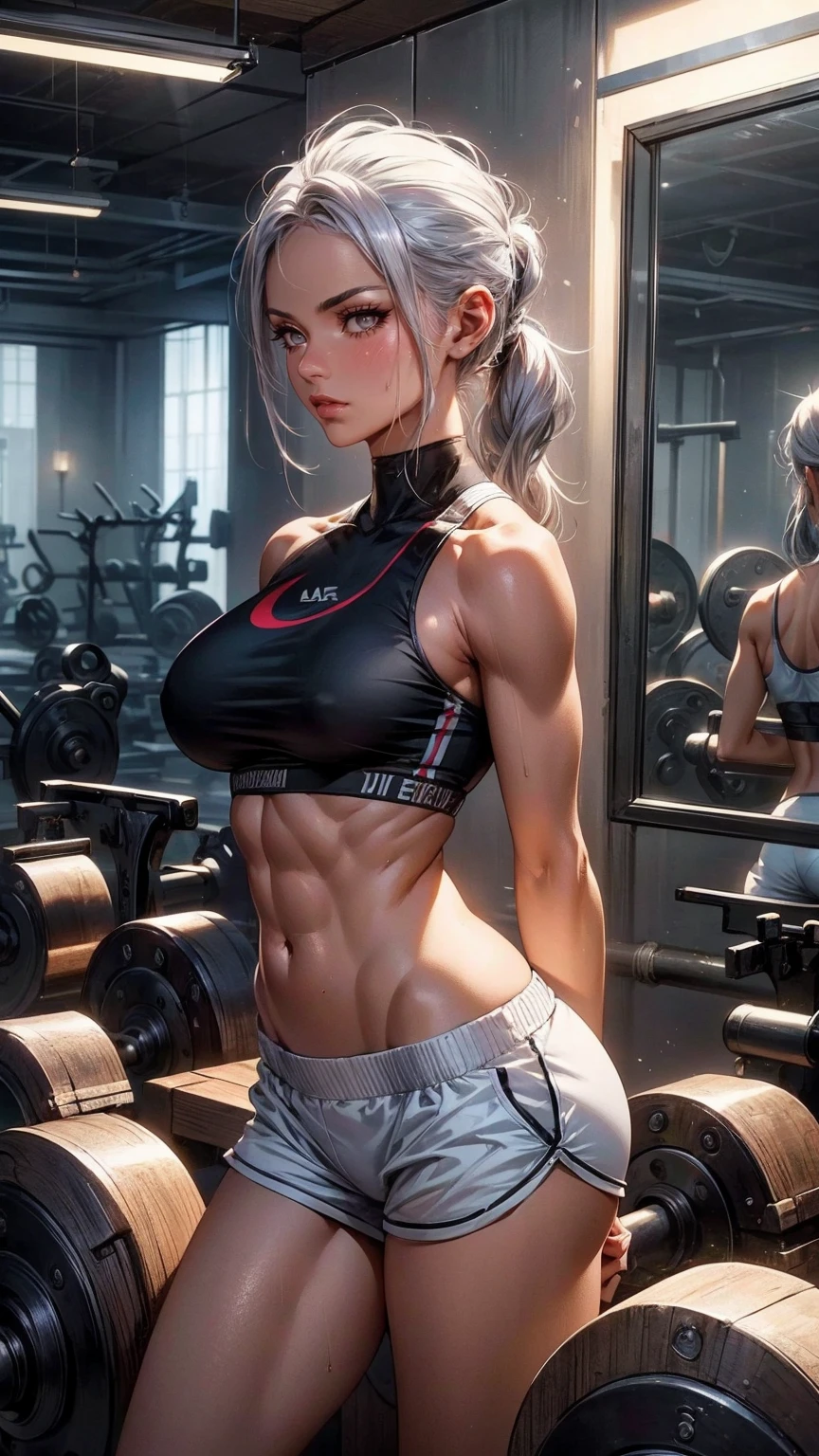 A women wearing sports bra and shorts, taking selfie in mirror, silver hair, pony tail, nose, almond shape eyes, black eyes, big breast, slim waist, perfect shape body, six pack abs, navel , perfect shape ass, hourglass shape figure, natural skin texture, sweating, side view, gym background, masterpiece quality, UHD, super detailed image, High quality image, sharp image, sharp focus, ultra resolution, ultra detailed image, high resolution, 32k, 64k