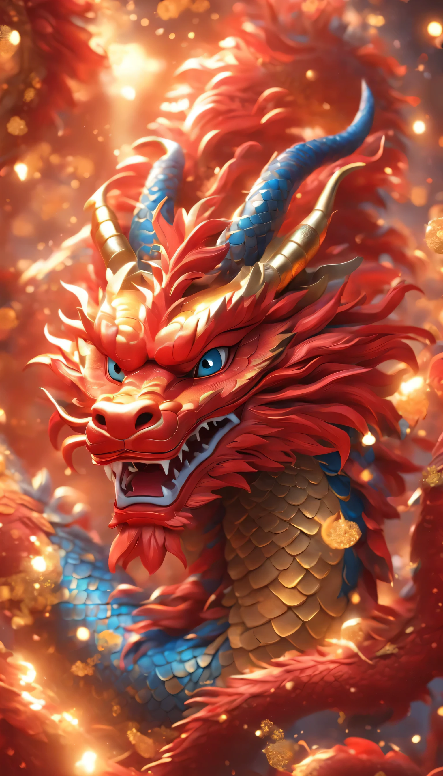 anime chinese dragon baby, gold red blue dragon, scales,lunar New Year, nobody,depth of field,Red, Milky Way,fireworks,Pixar,Japanese anime,Cartoonish,3d rendering