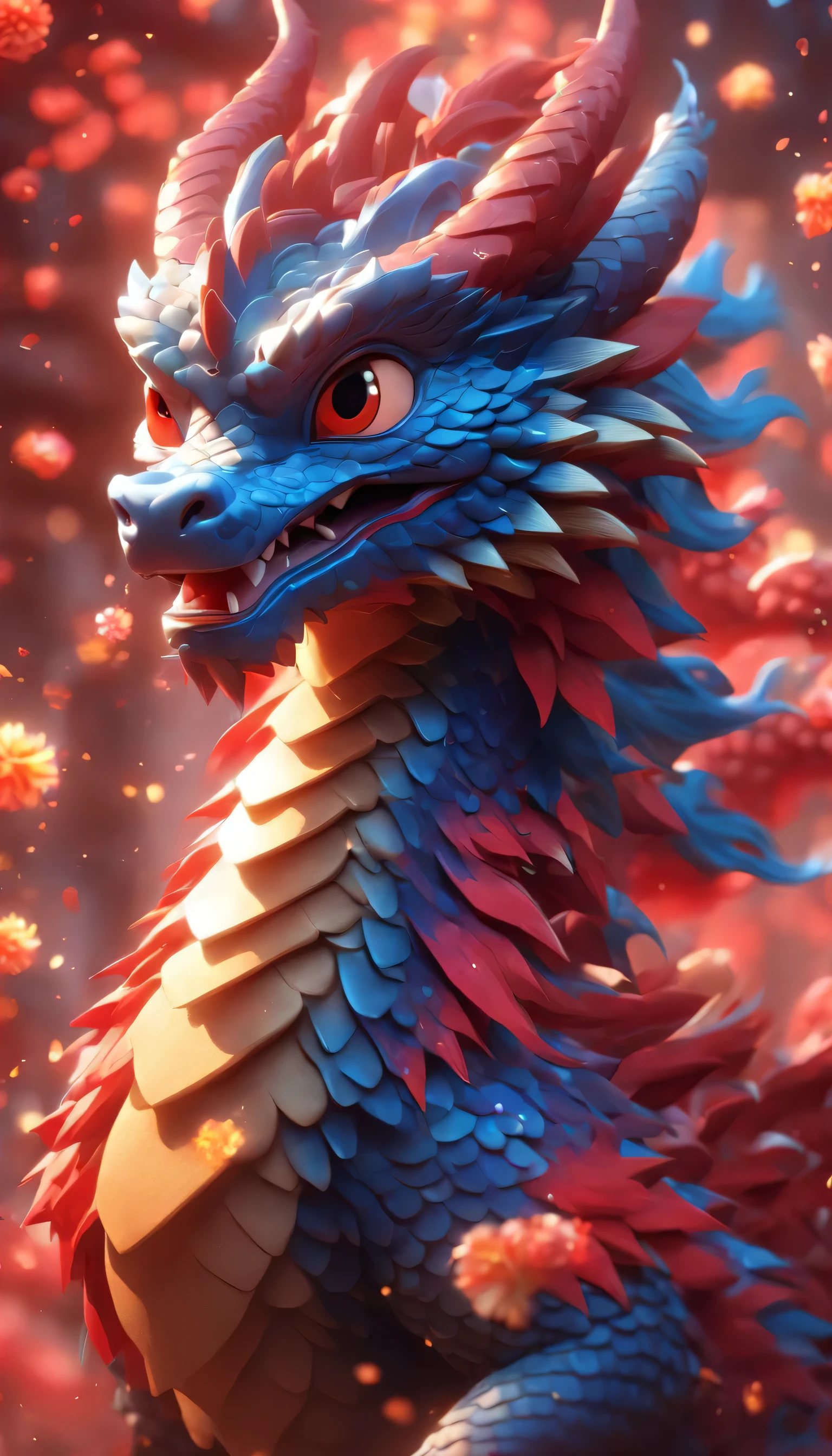 Chinese cartoon dragon baby, Red and blue dragons, scales,lunar New Year, nobody,depth of field,Red, Milky Way,fireworks,Pixar,Japanese anime,Cartoonish,3d rendering