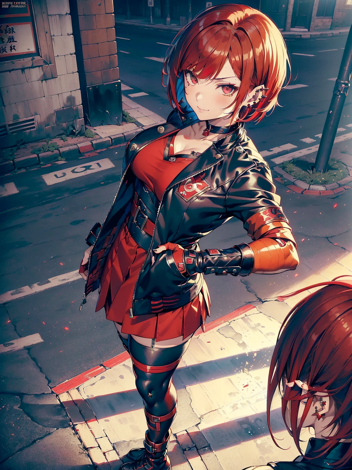 in the art style of persona5 and in the art style of street of rage 4, delinquent, (sukeban), mature_female, blush, mature, older woman, 25 years old, Sukeban teacher outfit, ((((1girl, solo female, solo, solo focus:1,9)))++++, choker, sukeban teacher, sukeban fighter, long_sleeves, open jacket, blue jacket,( jean)+++, light skin tone female, (full body)+++++, jacket, biker jacket, tape, arm_support, gloves, red_gloves, bridal gauntlets, nail polish, boots, black_footwear, fighter outfit, (full body)+++++++, hourglass, mature face, cheeky smile, cheeky face, wrinkles, (((((red hair, short hair, bob cut, earrings, ear piercings)))), red eyeighting art, Martial arts, standing, fighting_stance, fight, fighting), extra colors, 2D, megapixel, perfectionism, accent lighting, full HD , (Masterpiece:1.2), (full-body-shot:1),(cowboy shot:1.2), (Highly detailed:1.2),(anime Detailed Face:1.2), Colorful, A detailed eye, (Detailed landscape:1.2), (natural lighting:1.2), ((sukeban school teacher)) by Vincent Di Fate: Aidyllery, Anamorphic Shot, rule of thirds, face by Artgerm and WLOP, ((street of rage 4 city backround)), fictive city backround in the style art of street of rage 4,