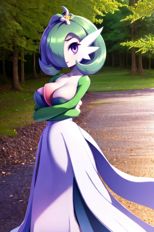 Acerola, gardevoir, white dress, creatures \(company\), game freak, nintendo, pokemon, pokemon \(game\), bangs, colored skin, female focus, breast, gen 3 pokemon, green hair, green skin, hair over one eye, multicolored skin, pokemon \(creature\), red eyes, short hair, two-tone skin, white skin, purple dress, masterpiece