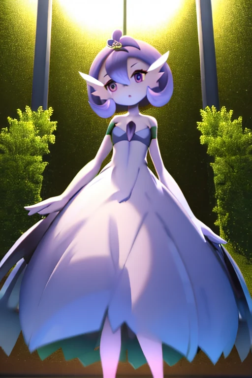 Acerola, gardevoir, white dress, creatures \(company\), game freak, nintendo, pokemon, pokemon \(game\), bangs, colored skin, female focus, breast, gen 3 pokemon, green hair, green skin, hair over one eye, multicolored skin, pokemon \(creature\), red eyes, short hair, two-tone skin, white skin, purple dress, masterpiece