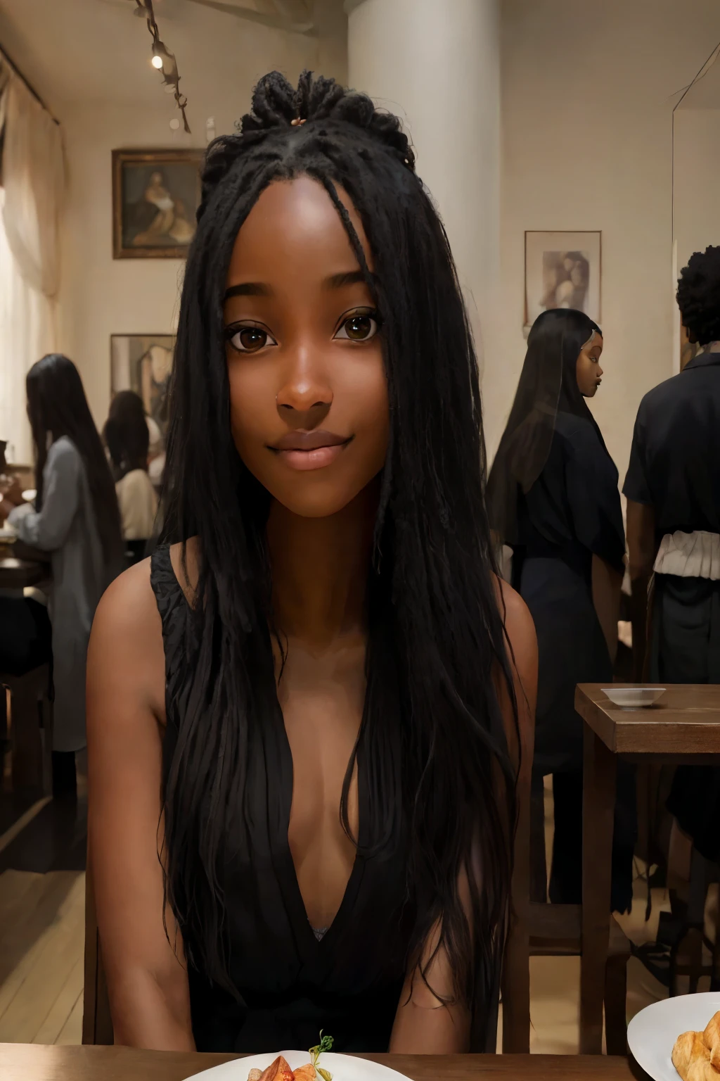 femme souriante assise à une table avec une assiette de nourriture, jeune femme noire, jeune femme noire, prise au début des années 2020, peau foncée, jeune femme afro-américaine, Aïda Muluneh, magnifique femme, photo d&#39;une femme noire, photo de jeune femme, peau foncée, par Robbie Trevino, coup moyen de la tête aux épaules, portrait de haute qualité