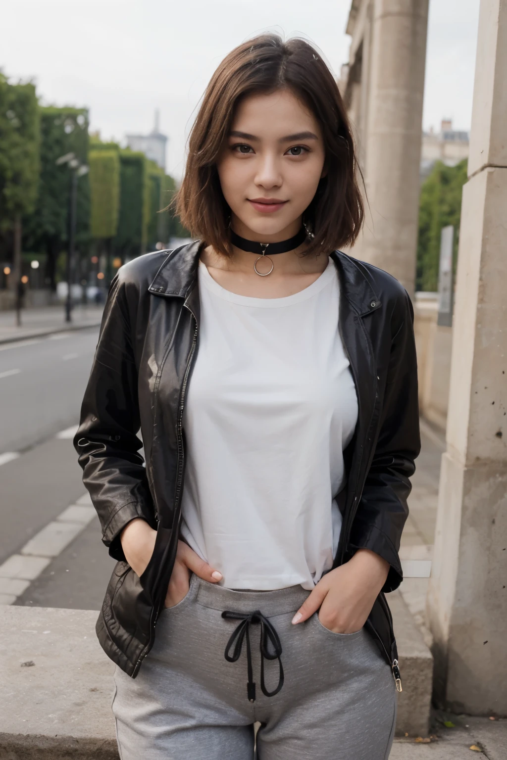 top-quality、masterpiece、超A high resolution、(realisitic:1.4)、Beautuful Women1、Beautiful detail eyes and skin、smile、Light brown middle-cut hair, She is Wearing a long t-shirt, gorgeous chinese model, photo of slim girl model, IG-Modell, beautiful female model, in the paris, Choker, women's trousers, long t-shirt, women's jacket, Eiffel Tower, luxury bedroom