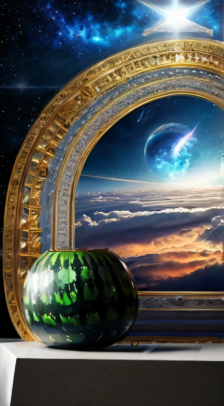 Super high resolution, melhor qualidade, foto, 16k, (fotorealestic: 1.2), film lighting, Watermelon in the form of a mythical god. Desenhe uma melancia, envolto em uma aura radiante, Place them on a magnificent throne against a cosmic background, Subindo em um trono de cristal, Voando sobre nuvens de cristal, Cercado pelo esplendor do universo. Pay close attention to stunning details and reach 64K resolution for an immersive, realistic visual experience. Let your work capture the essence of myth and wonder, fazendo os espectadores tremerem por sua beleza e poder. (Melancia)