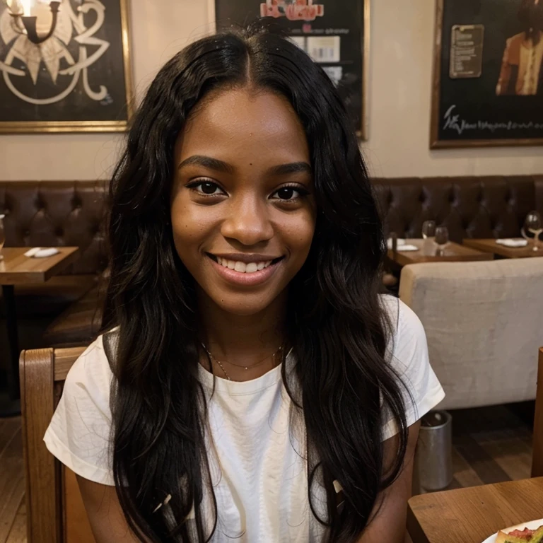 /imagine a young black woman of 23 with long, frizzy hair in a restaurant with her boyfriend who lets her eat in her mouth, she faces the camera, smiling