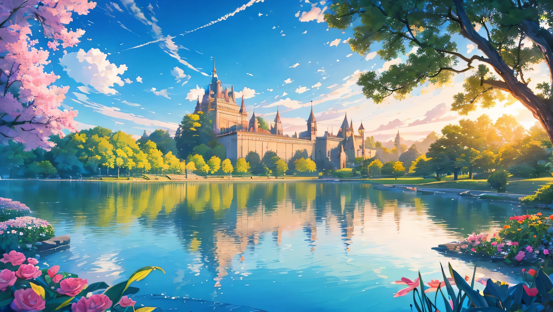 a big castle on a lake nostalgic clouds sunset and a lot of plants a flowers, golden hour roses and pink