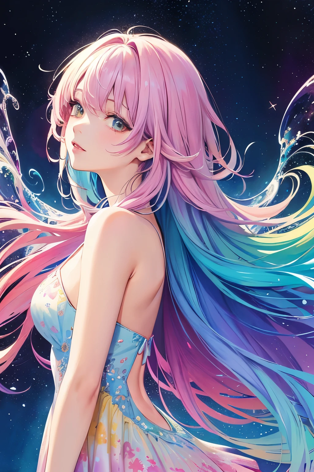 (masterpiece, top quality, best quality,watercolor (medium),official art, beautiful and aesthetic:1.2),(1girl:1.3), (fractal art:1.3),upper body, from side, looking at viewer,patterns,(rainbow color Hair,colorful hair,half blue and half pink hair:1.2),water,liquid, cloud,colorful, starry,stars,