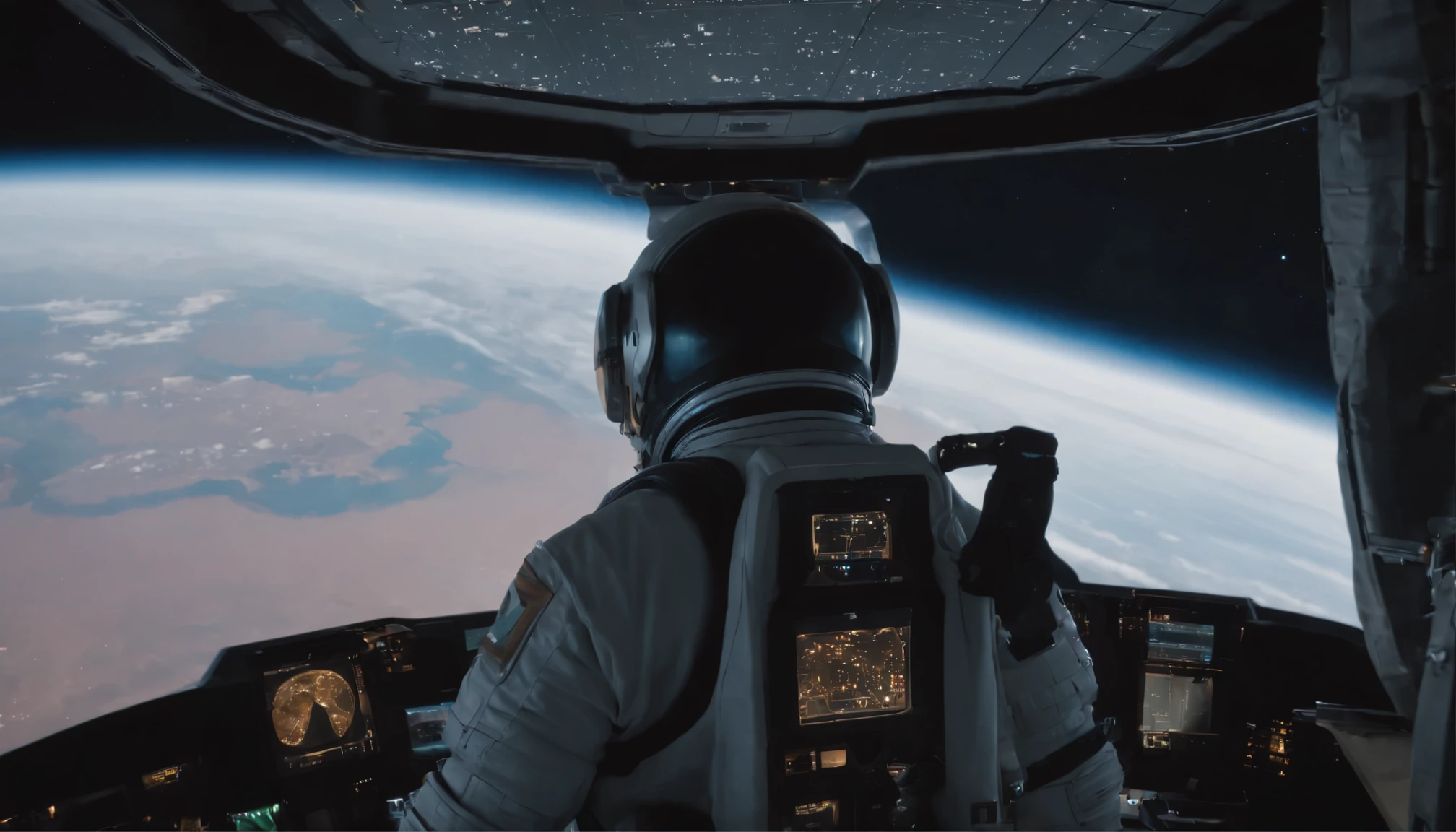 spacecraft exterior. From the window you can see the scenery of the alien planet, The entire space is filled with work consoles with electronic devices and screens, Full HD,There is an operator in the spacecraft,The proportion of windows is larger