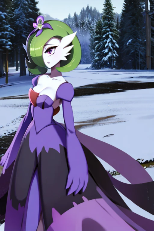 Acerola, gardevoir, masterpiece, perfection, purple dress, creatures \(company\), game freak, nintendo, pokemon, pokemon \(game\), bangs, colored skin, female focus, breast, gen 3 pokemon, green hair, green skin, hair over one eye, multicolored skin, pokemon \(creature\), red eyes, two-tone skin, white skin