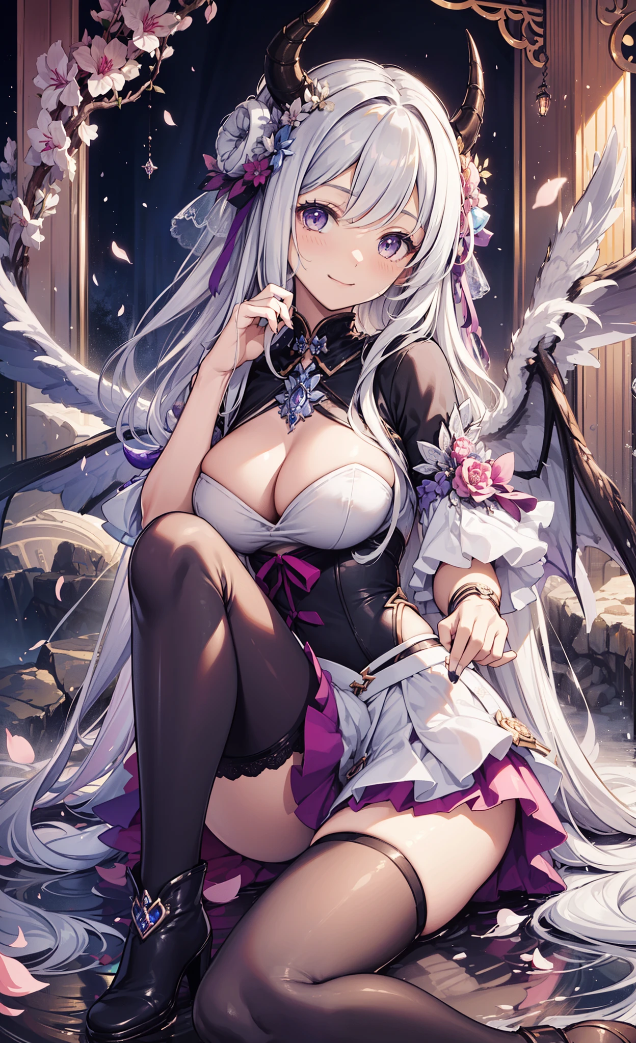 top quality、Top image quality、masterpiece、girl ((Over 20 years old、medium to large bust、More mature、obsessed、gentle、Being in love、tempting pose、Breasts wide open、long pink hair、purple eyes、Exquisite and beautiful face、Curved figure、charming figure、Grand canyon、Silver transparent skirt mixed with modern sexy clothing、Being in love的理想女友,恶魔girl、The horns of the succubus、big long boots、Carved))high quality、beautiful art、background with((Palace scene where chaos breaks out))、visual art、depth of field、Diamonds adorn clothes、Full body female love、Seductive pose、Sexual innuendo、sexual teasing、lace、Transparent skirt、Fluttering skirt