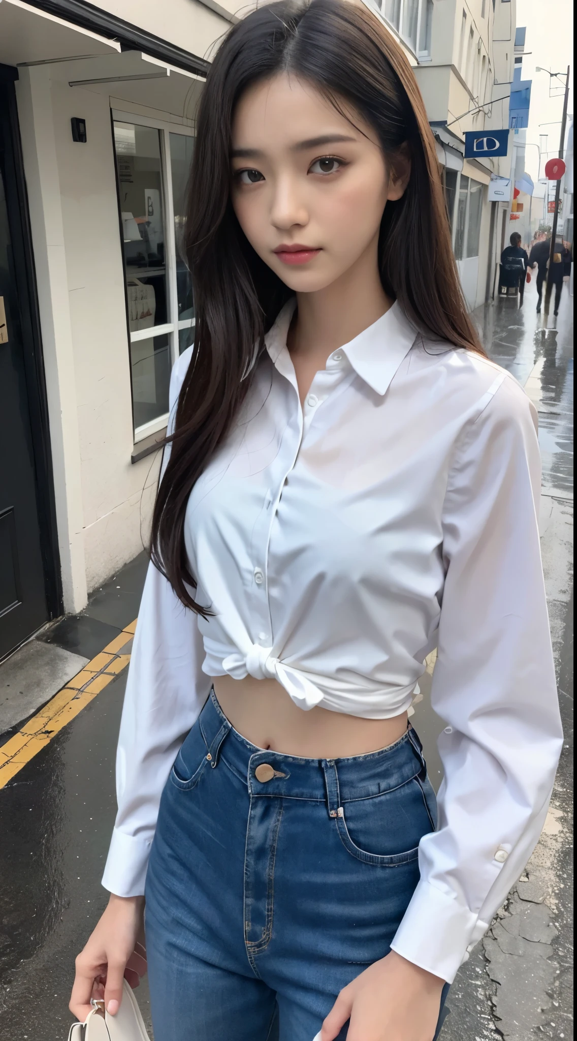 ((Best Quality, 8K, masutepiece: 1.3)), sharp: 1.2, Perfect Body Beauty: 1.4, Slim abs: 1.2, ((Long Hair 1.2)), (Wet white button long shirt: 1.1), crop navel, (Rain, Street: 1.2), Wet: 1.5, Highly detailed facial and skin texture, Fine eyes, Double eyelids, Looking at the camera