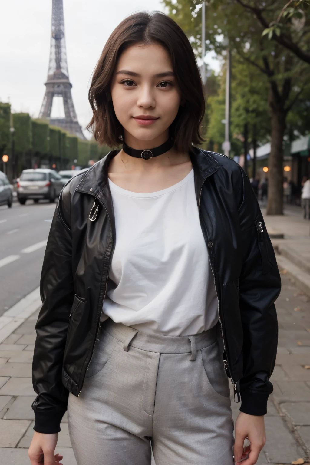 top-quality、​masterpiece、超A high resolution、(realisitic:1.4)、Beautuful Women１、Beautiful detail eyes and skin、smile、Light brown middle-cut hair, She is Wearing a long t-shirt,  gorgeous chinese model, photo of slim girl model, IG-Modell, beautiful female model,  in the paris, Choker, women's trousers, long t-shirt, women's jacket, Eiffel Tower