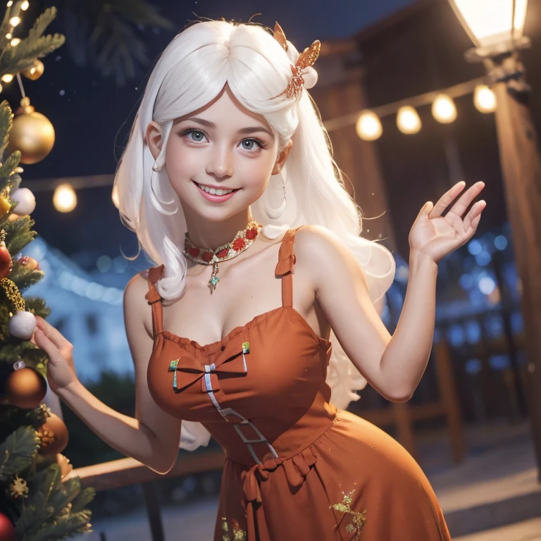 hemosa chica adolesente , hermosa chica americana , caucasica , ,una mujer joven con cabello blanco , largo pelo blanco , chica albina , ojos azules , ella esta sola , Es de noche, pecas en mejillas , wear christmas dress, vestido de santa claus , obra maestra, luz cinematografica, sonriente, feliz, cuerpo completo , fondo variado , chica alvina , largo cabello blanco , Christmas decorations , chica coqueta , con rasgos finos , sexy , cuerpo completo