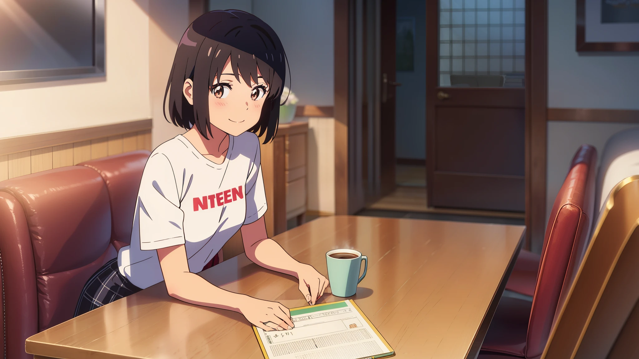 shinkai makoto, kimi no na wa., 1girl, bangs, black hair, blush, bright eyes, brown eyes, red headband, short hair, smile, cute, beautiful, shiny skin, looking at viewer, solo, casual shirt, t-shirt, skirt, plaid skirt, indoors, room, living room, whiteboard, vase, dynamic lights, coffee, table, chair, sitting