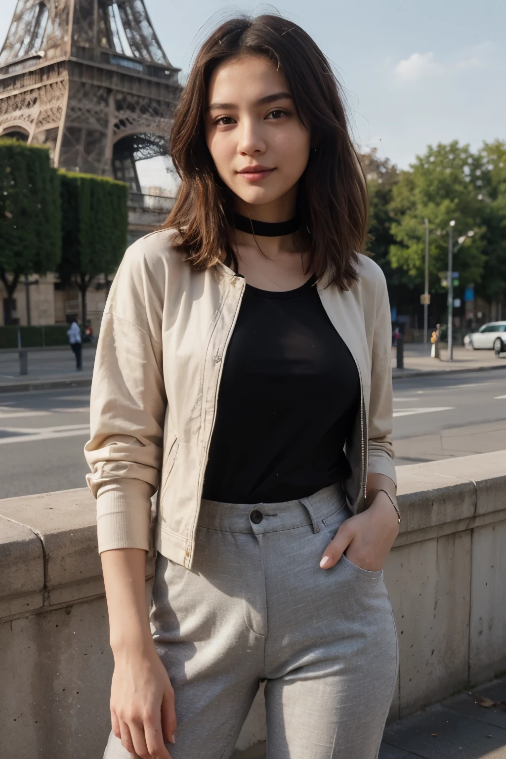 top-quality、​masterpiece、超A high resolution、(realisitic:1.4)、Beautuful Women１、Beautiful detail eyes and skin、smile、Light brown middle-cut hair, She is Wearing a long t-shirt,  gorgeous chinese model, photo of slim girl model, IG-Modell, beautiful female model,  in the paris, Choker, women's trousers, long t-shirt, women's jacket, Eiffel Tower