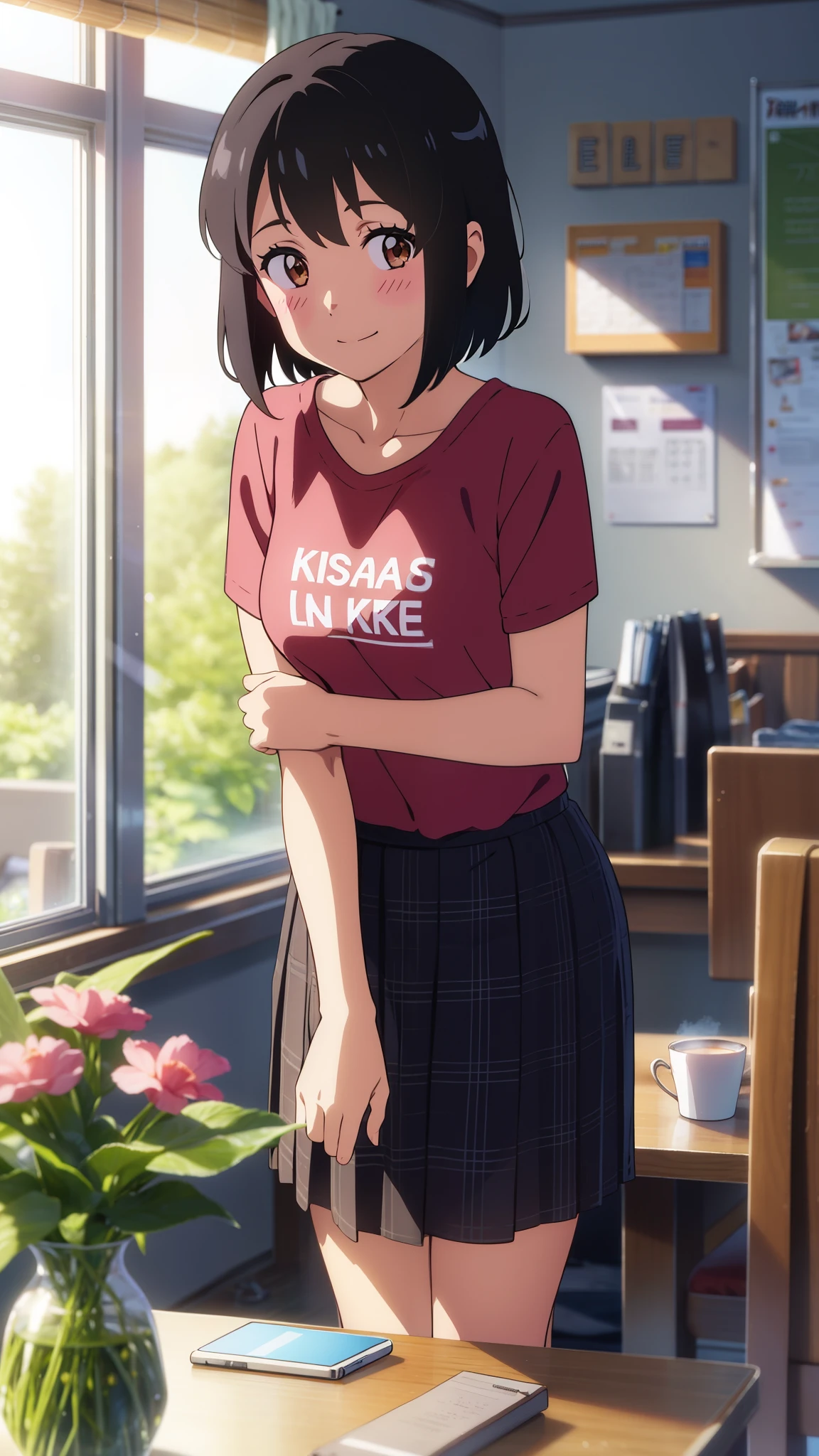 shinkai makoto, kimi no na wa., 1girl, bangs, black hair, blush, bright eyes, brown eyes, red headband, short hair, smile, cute, beautiful, shiny skin, looking at viewer, solo, casual shirt, t-shirt, skirt, plaid skirt, indoors, room, living room, whiteboard, vase, dynamic lights, coffee, table, chair, sitting