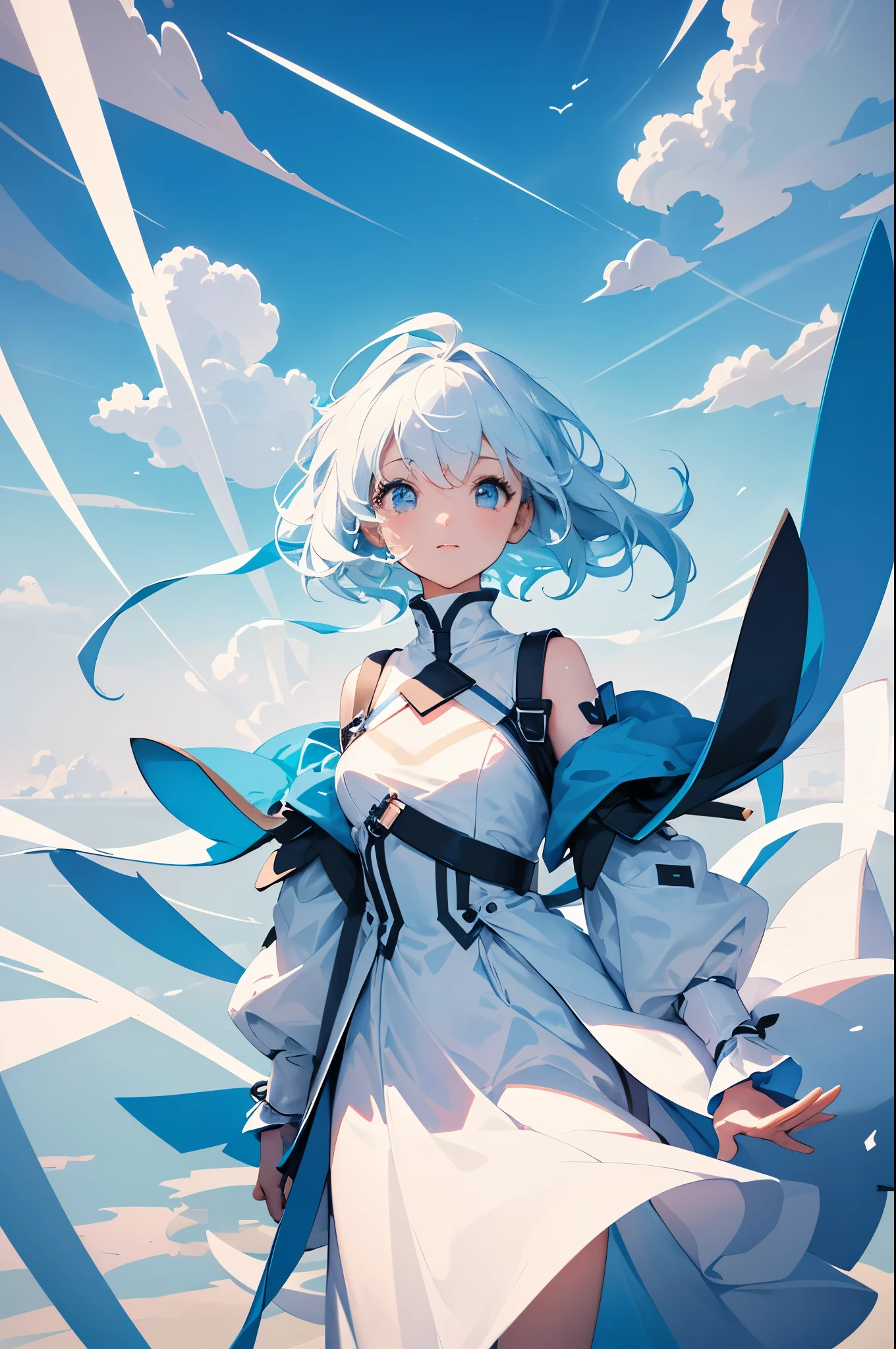 masterpiece, best quality, movie still, 1girl, floating in the sky, cloud girl, cloud, (close-up:1.1), bright, happy, fun, soft lighting, (Bauhaus, shapes, lines, abstract:1.1)