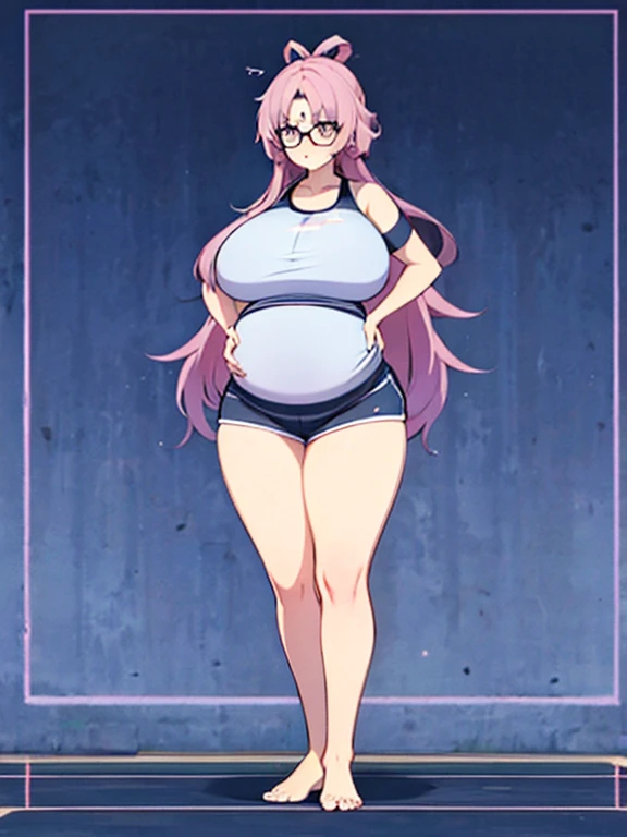 (bust:1.5),책 더미 위에 앉아 있는 big bust을 가진 애니메이션 캐릭터, Tsk tsk, , She has a jiggly, fat, round belly, brother, Ahegao, Kantai Collection Style, Fat Chan, thick black lineart, Shikamimi, cel shaded animation, brother proportions, big tummy, umamusume,(big bust:1.5), (Black eyes with a slight purple tint:1.5), (Very white and long hair with a bluish tint, weak perm:1.5), (white sleeves wrapped around arms, oversized white shirt, oversized white shirt:1.5), (bare foot, round-rimmed glasses:1.5), (Belly Fat, muffin top, plump:1.1), (smiling faintly:1.5),(human ear,thin legs:1.5),
