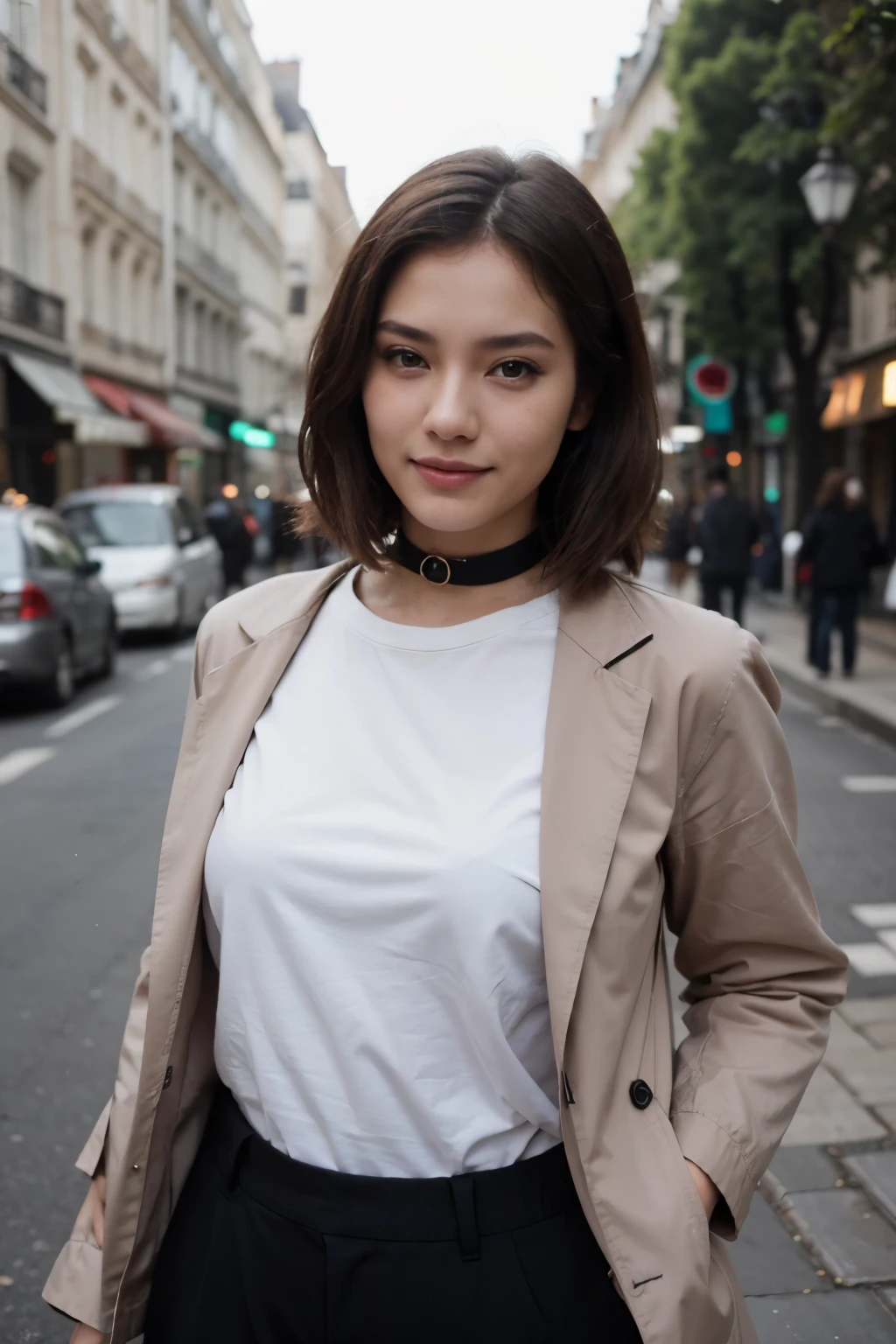 Upper body of a beautiful young girl, , Indonesian, cheerful, white T-shirt, white jacket and pink skirt, street in the historic part of Paris, in the evening.