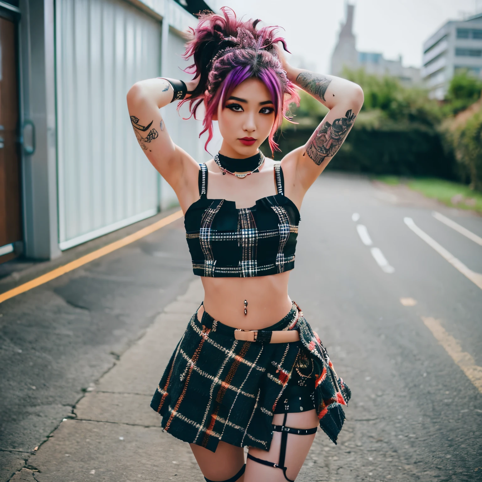 1girl, 23 years old, Punk outfit, wild hair, tattoos, plaid miniskirt, crop top, wearing_urbangal