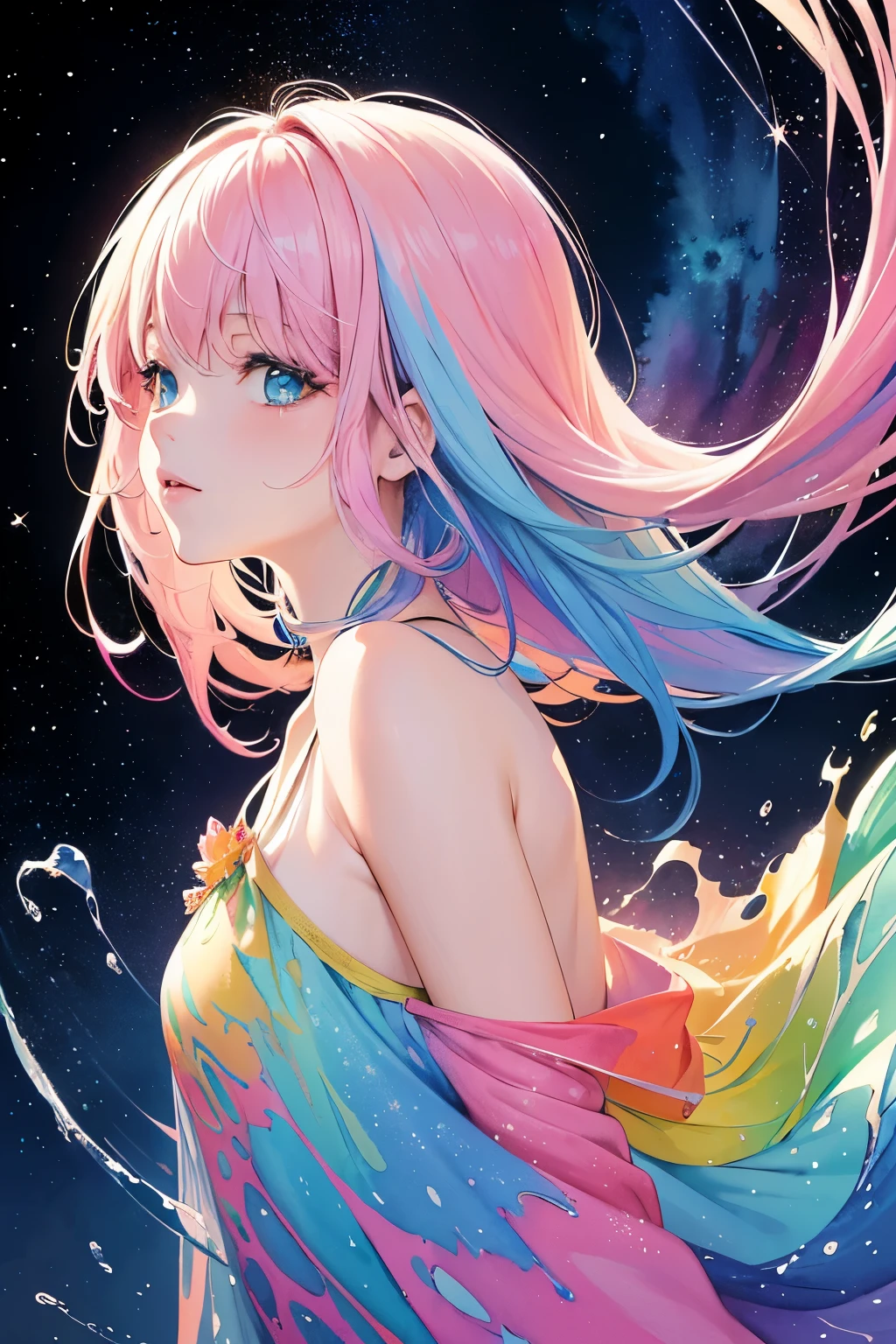 (masterpiece, top quality, best quality,watercolor (medium),official art, beautiful and aesthetic:1.2),(1girl:1.3), (fractal art:1.3),upper body, from side, looking at viewer,patterns,(rainbow color Hair,colorful hair,half blue and half pink hair:1.2),water,liquid, cloud,colorful, starry,stars,