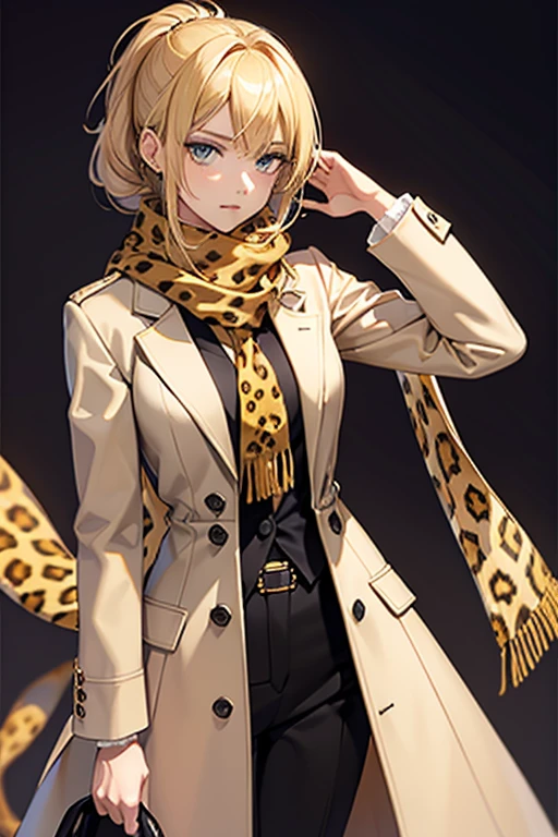 20th generation women,Honey blonde tied back,slender and tall,slender,frill shirt,coat,leopard print scarf